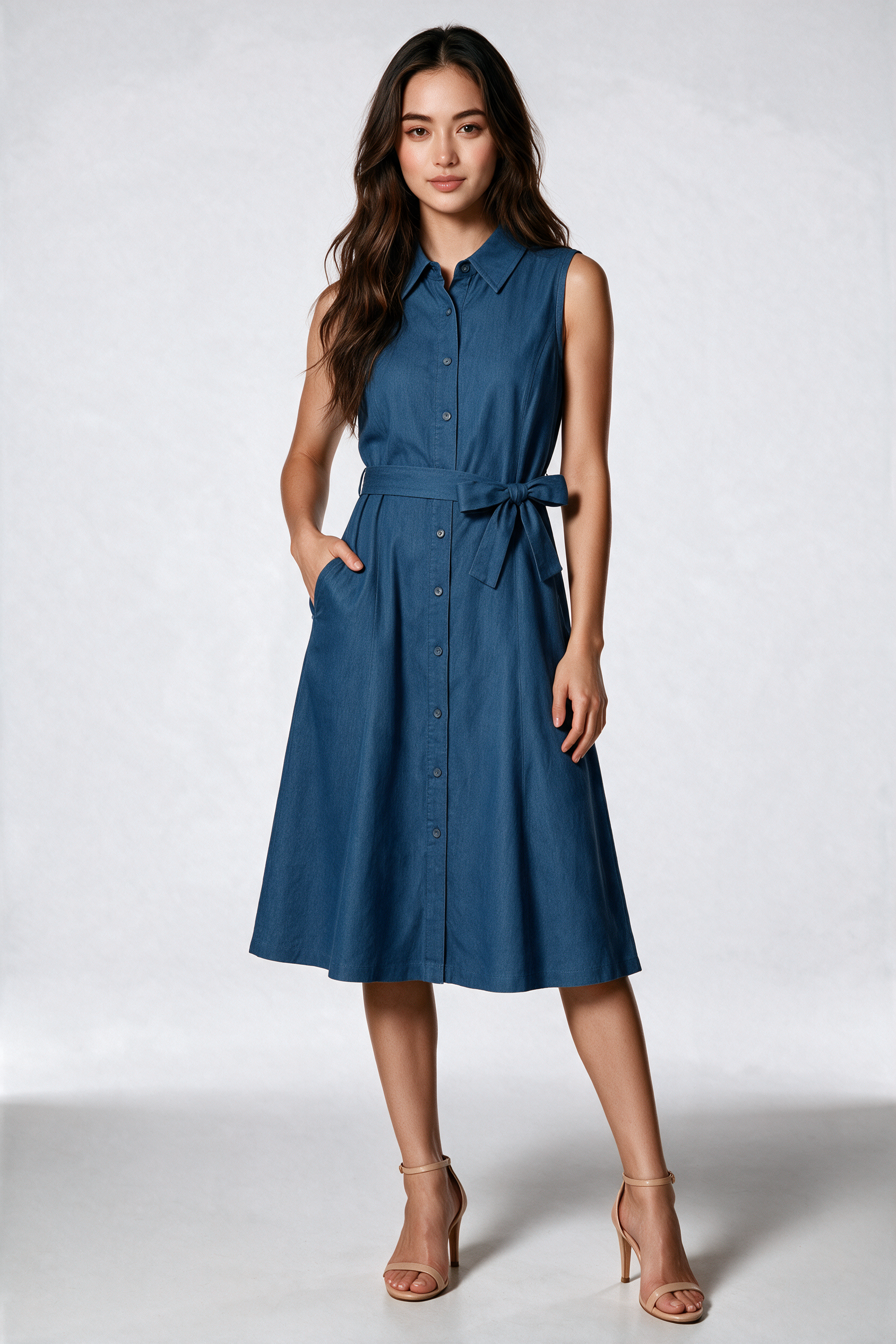 Tencel Denim Midi Dress in Mid Wash