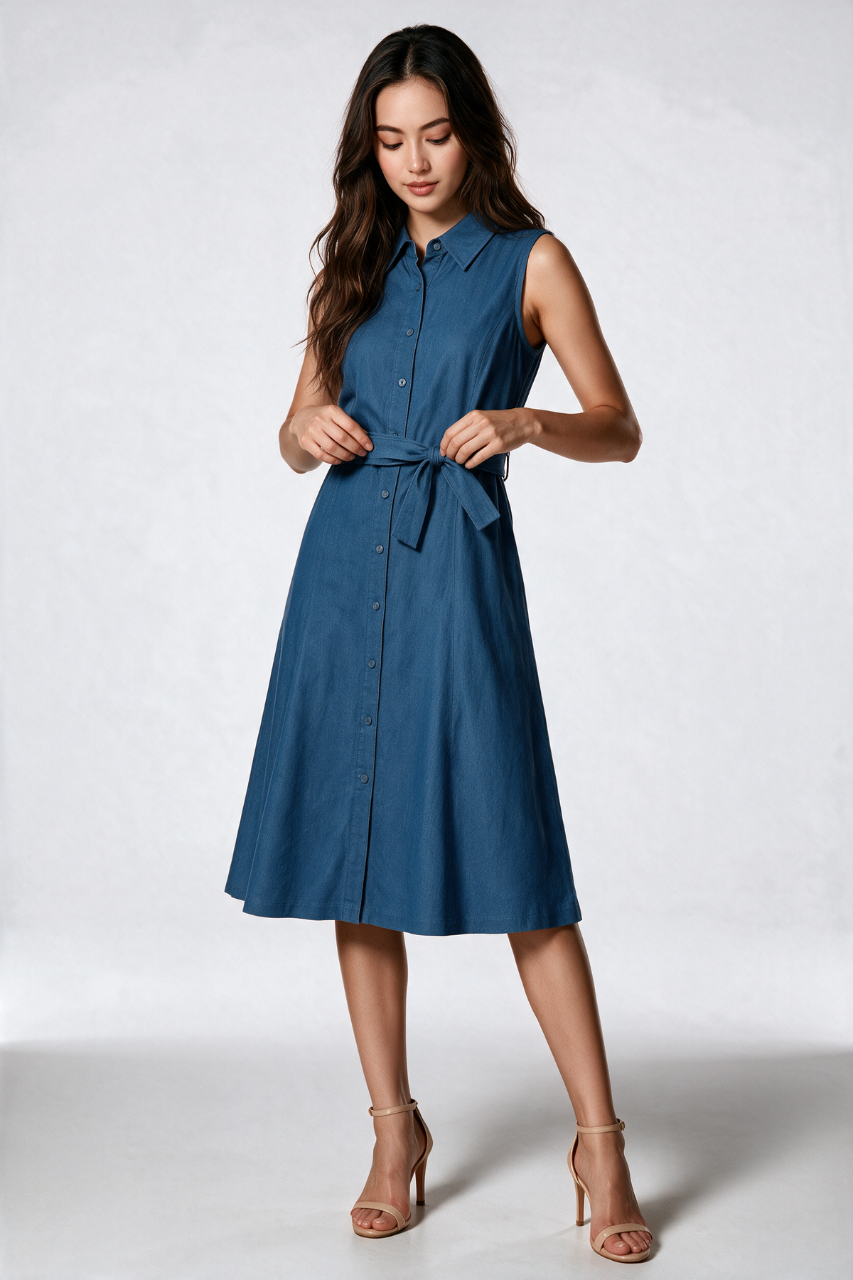 Tencel Denim Midi Dress in Mid Wash