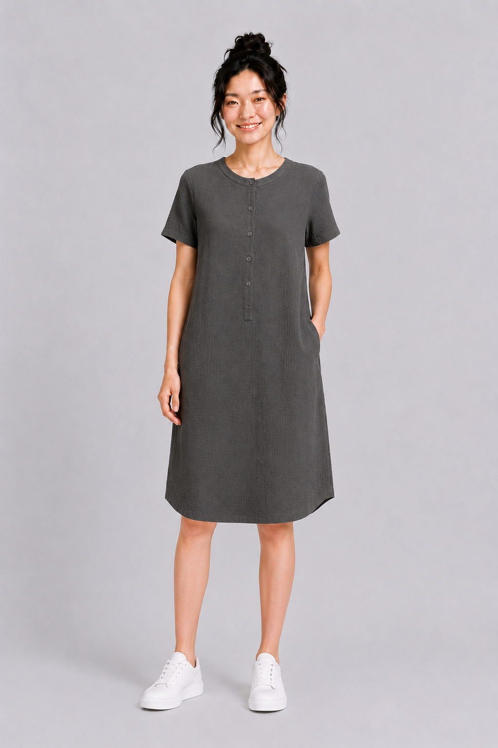 Mandarin Collar Muslin Dress in Army Green