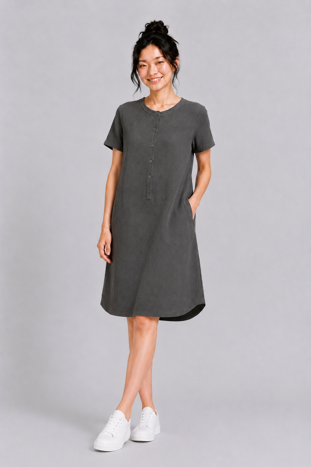 Mandarin Collar Muslin Dress in Army Green