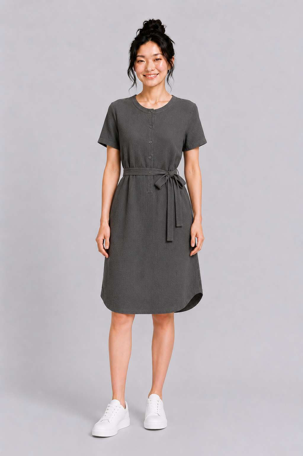 Mandarin Collar Muslin Dress in Army Green