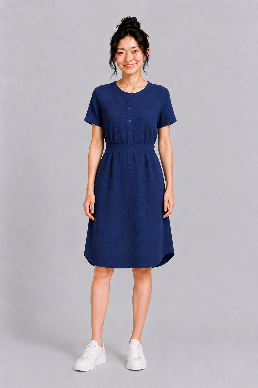 Mandarin Collar Muslin Dress in Navy