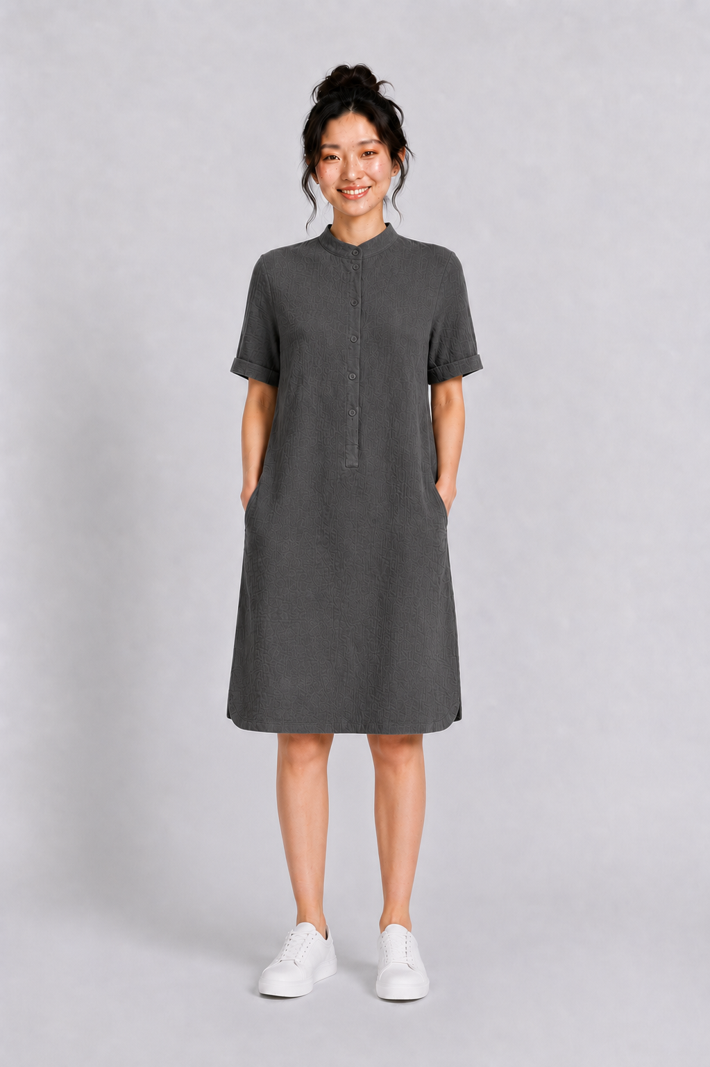 Mandarin Collar Muslin Dress in Army Green
