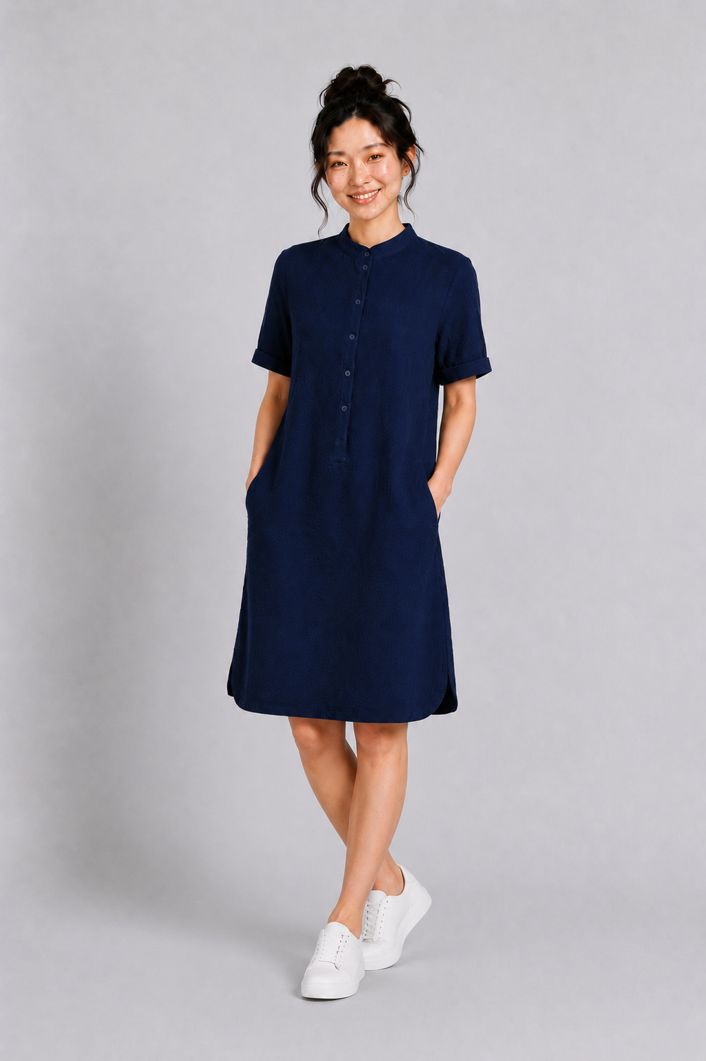 Mandarin Collar Muslin Dress in Navy