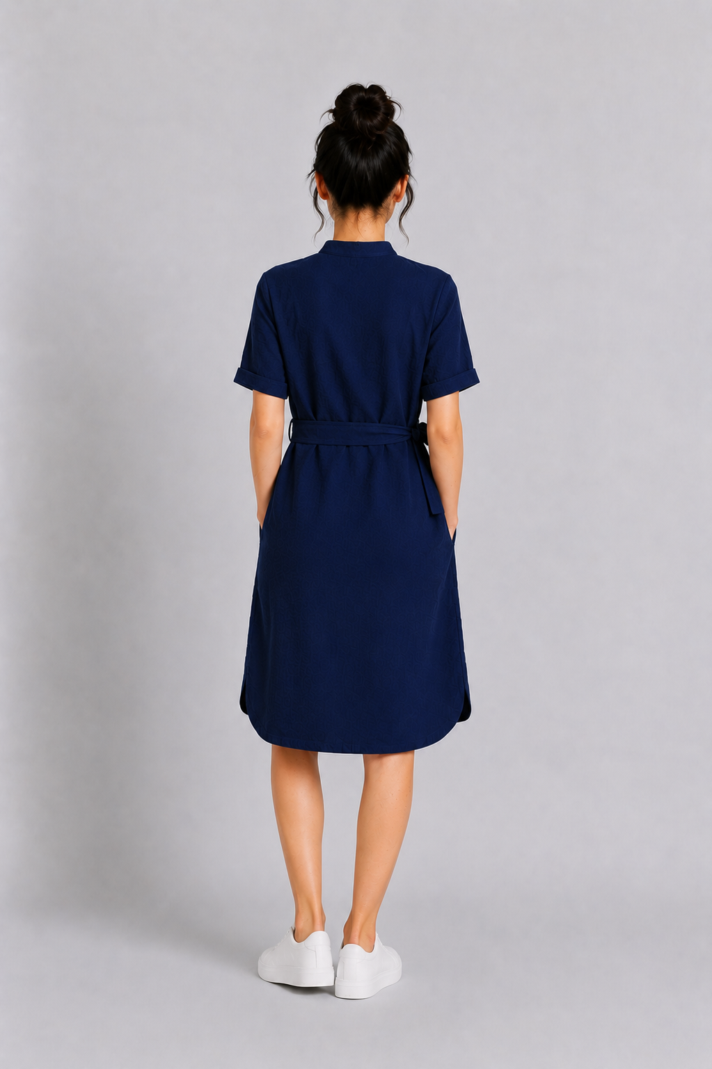Mandarin Collar Muslin Dress in Navy