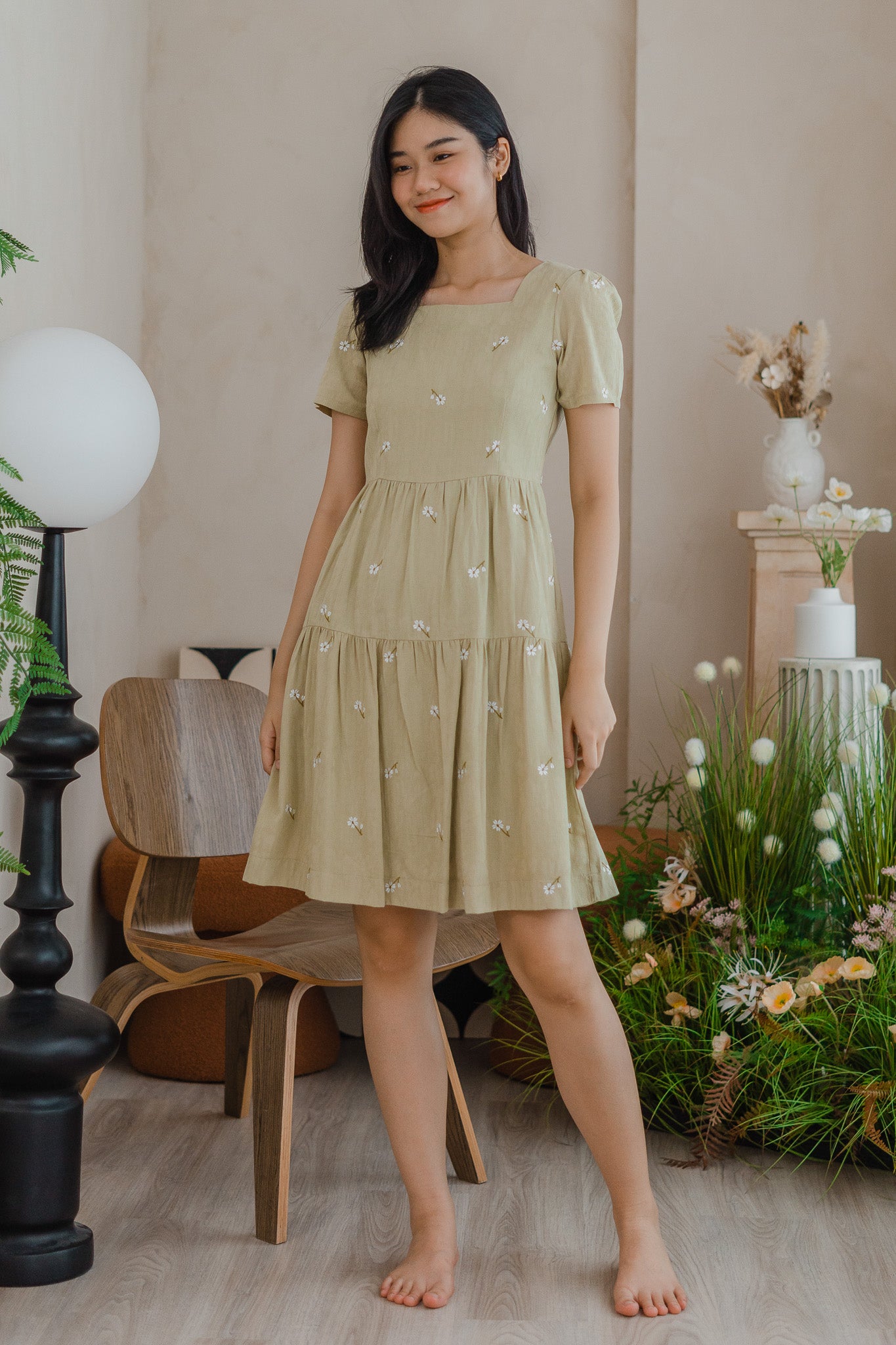 Ariana Embroidery Tiered Dress in Light Green