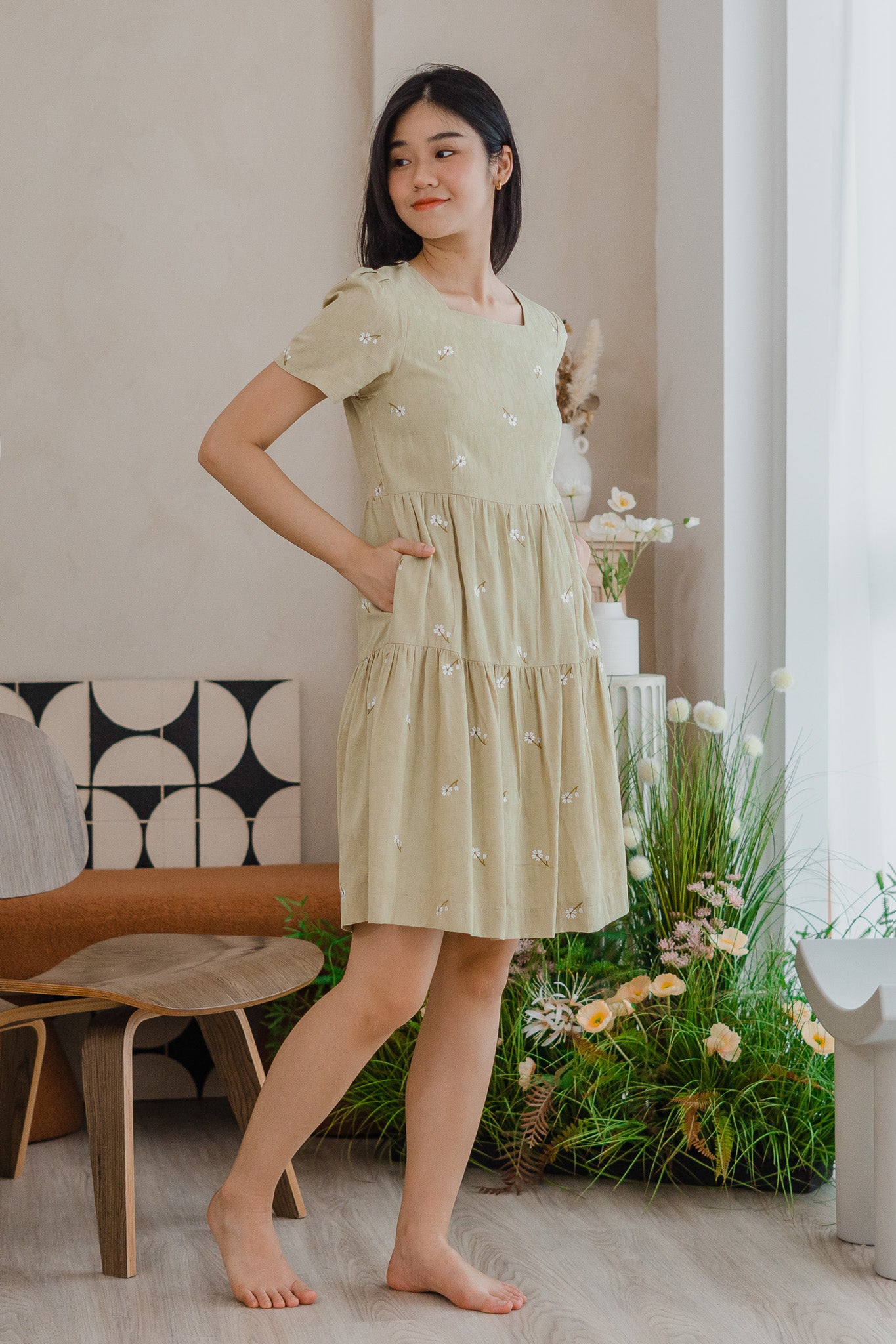 Ariana Embroidery Tiered Dress in Light Green