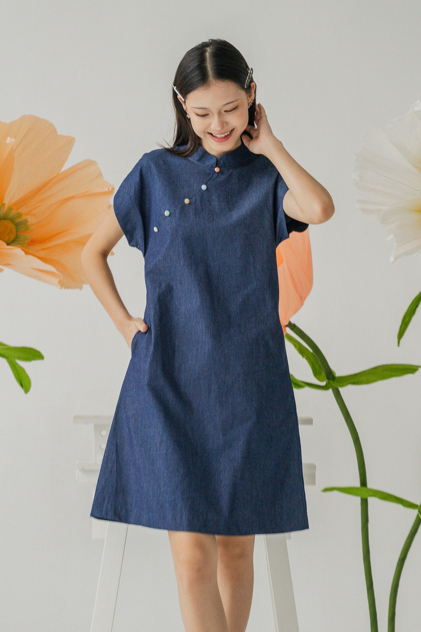 Colour Pop Denim Mandarin Shift Dress in Dark Blue