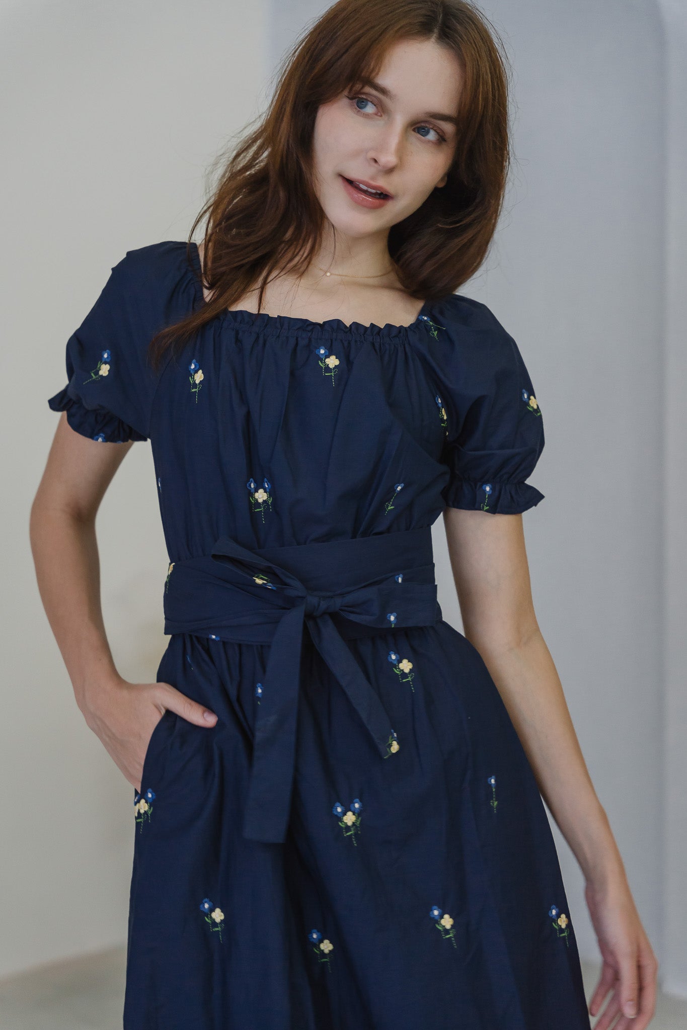 Blossom Bliss Embroidery Midi Dress in Navy