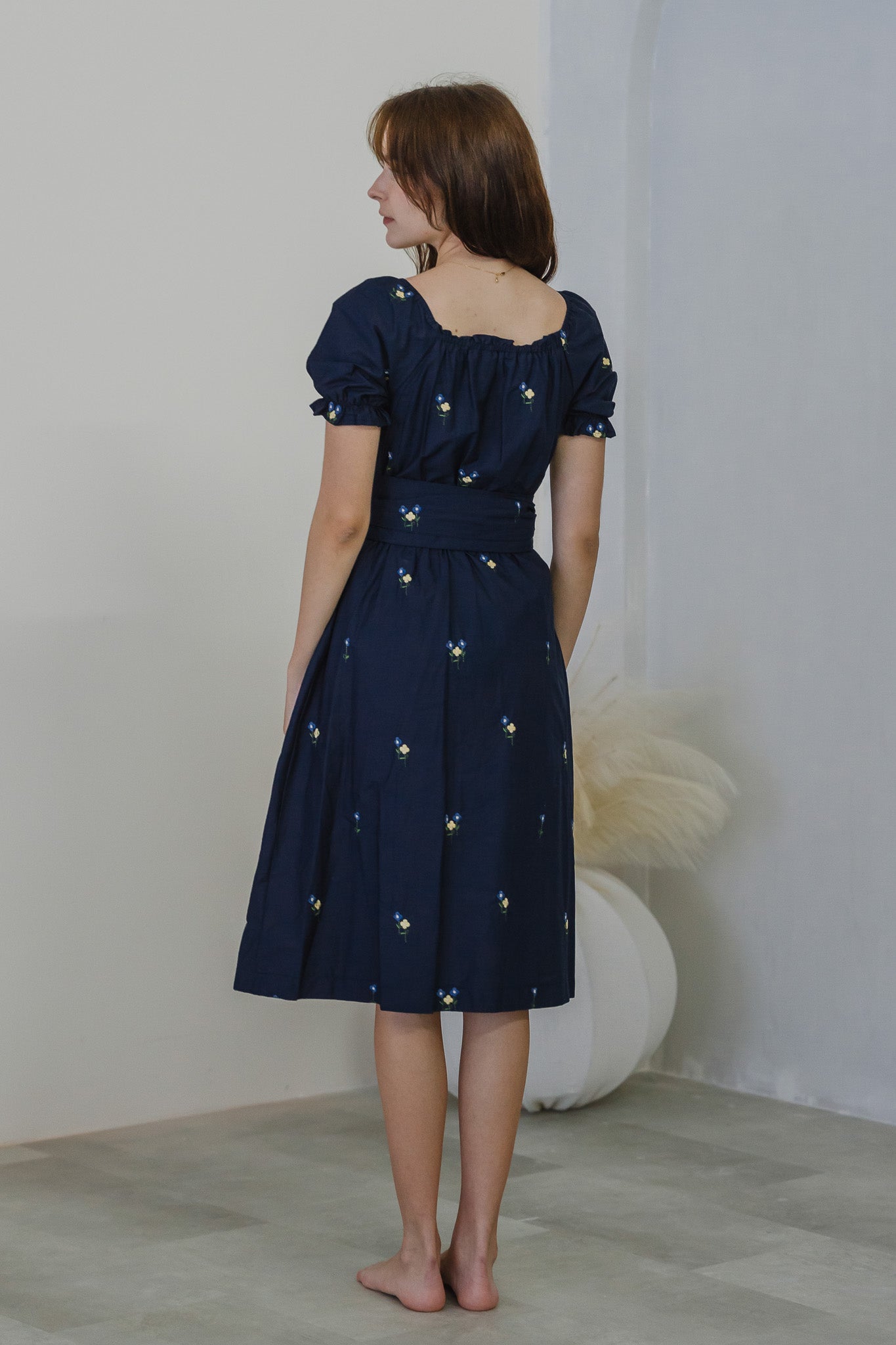 Blossom Bliss Embroidery Midi Dress in Navy