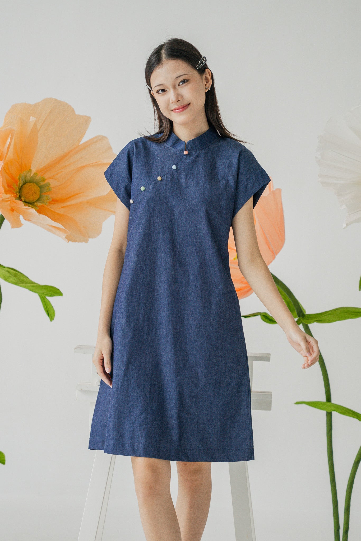 Colour Pop Denim Mandarin Shift Dress in Dark Blue