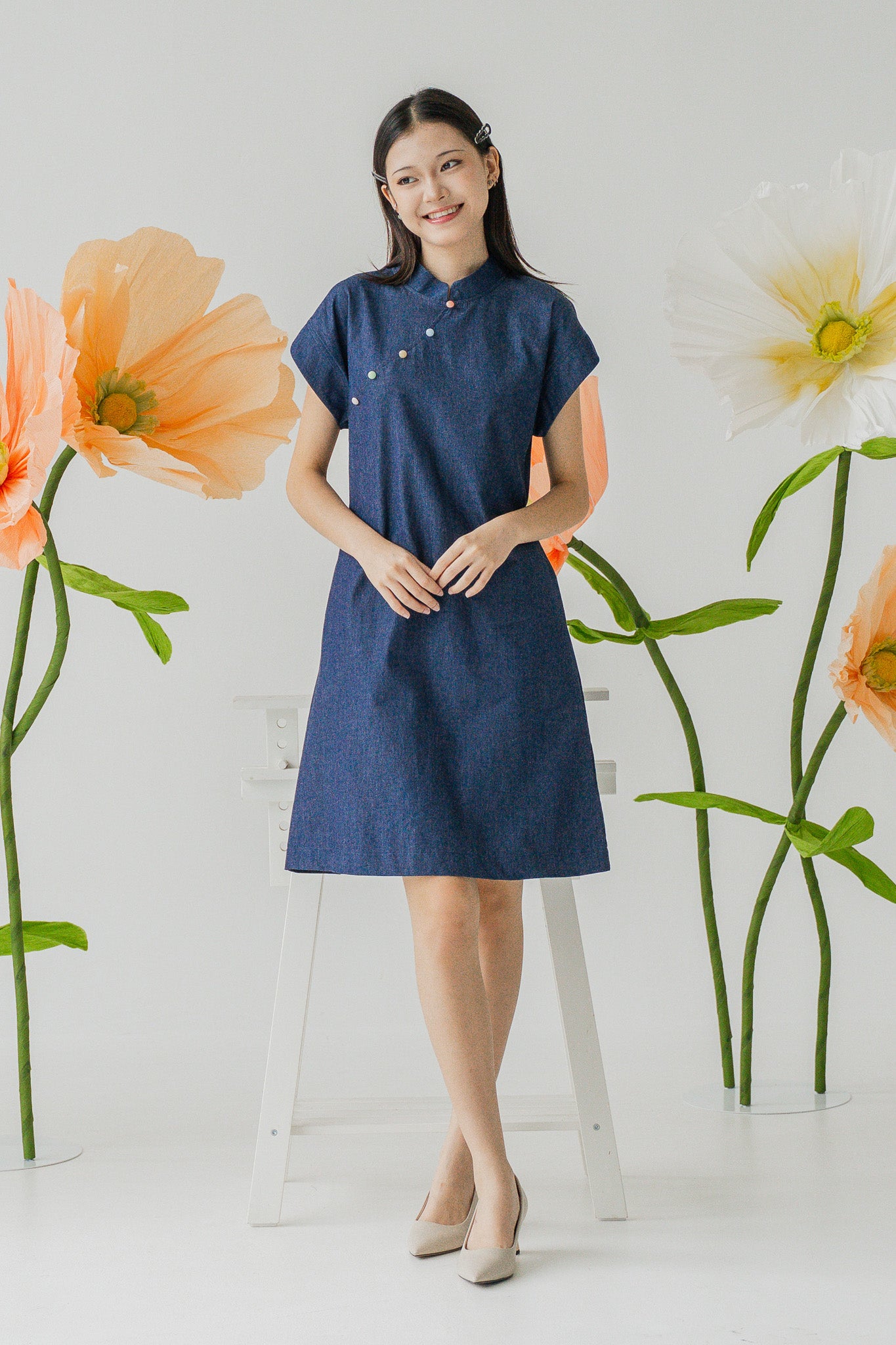Colour Pop Denim Mandarin Shift Dress in Dark Blue