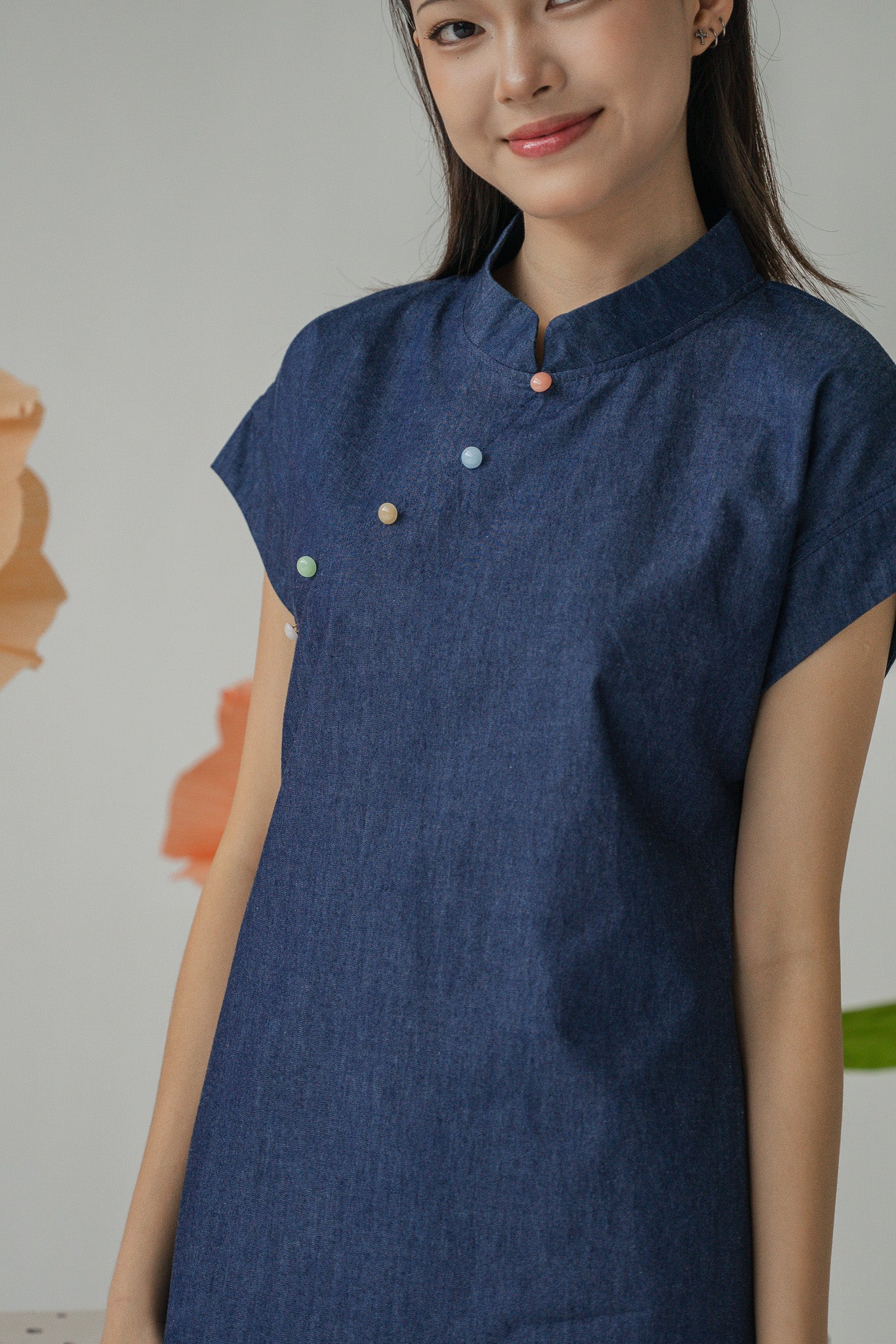 Colour Pop Denim Mandarin Shift Dress in Dark Blue