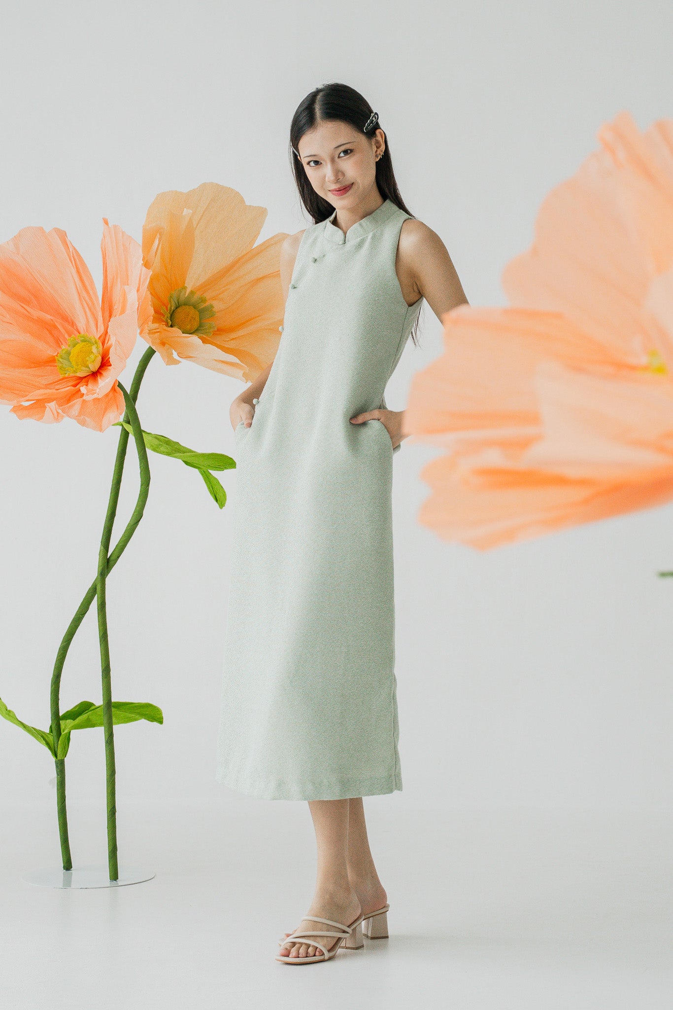 Tweed Cheongsam Column Dress in Light Green