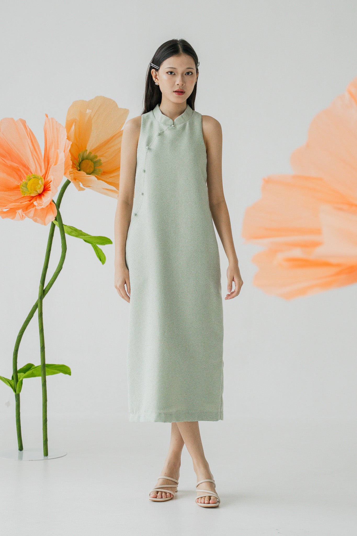 Tweed Cheongsam Column Dress in Light Green