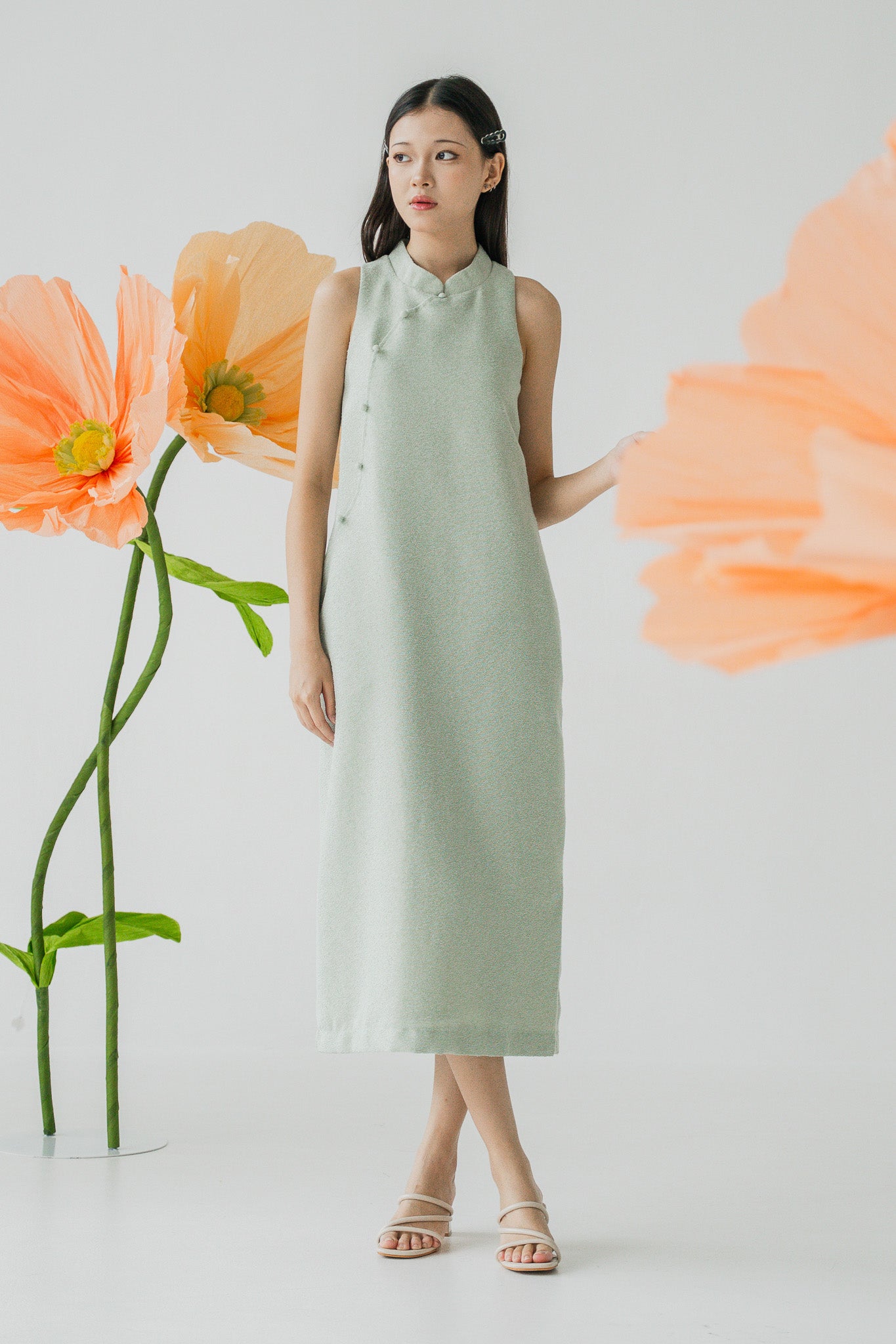 Tweed Cheongsam Column Dress in Light Green