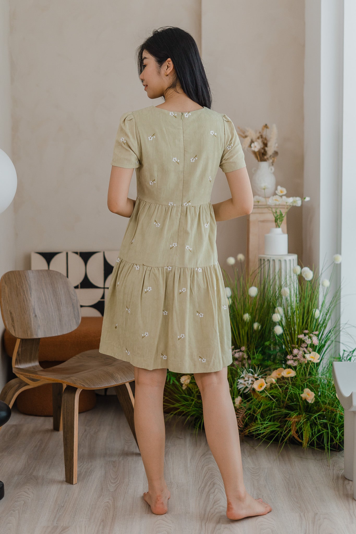 Ariana Embroidery Tiered Dress in Light Green