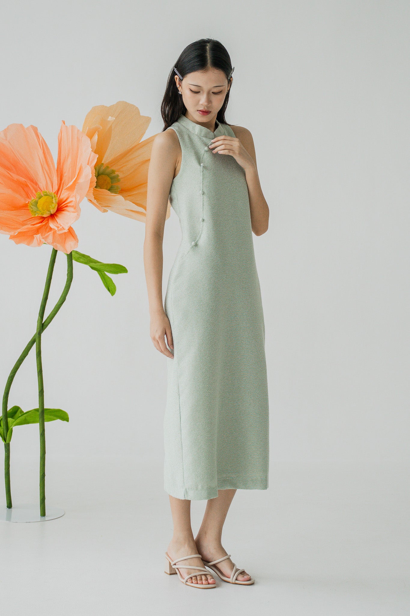 Tweed Cheongsam Column Dress in Light Green