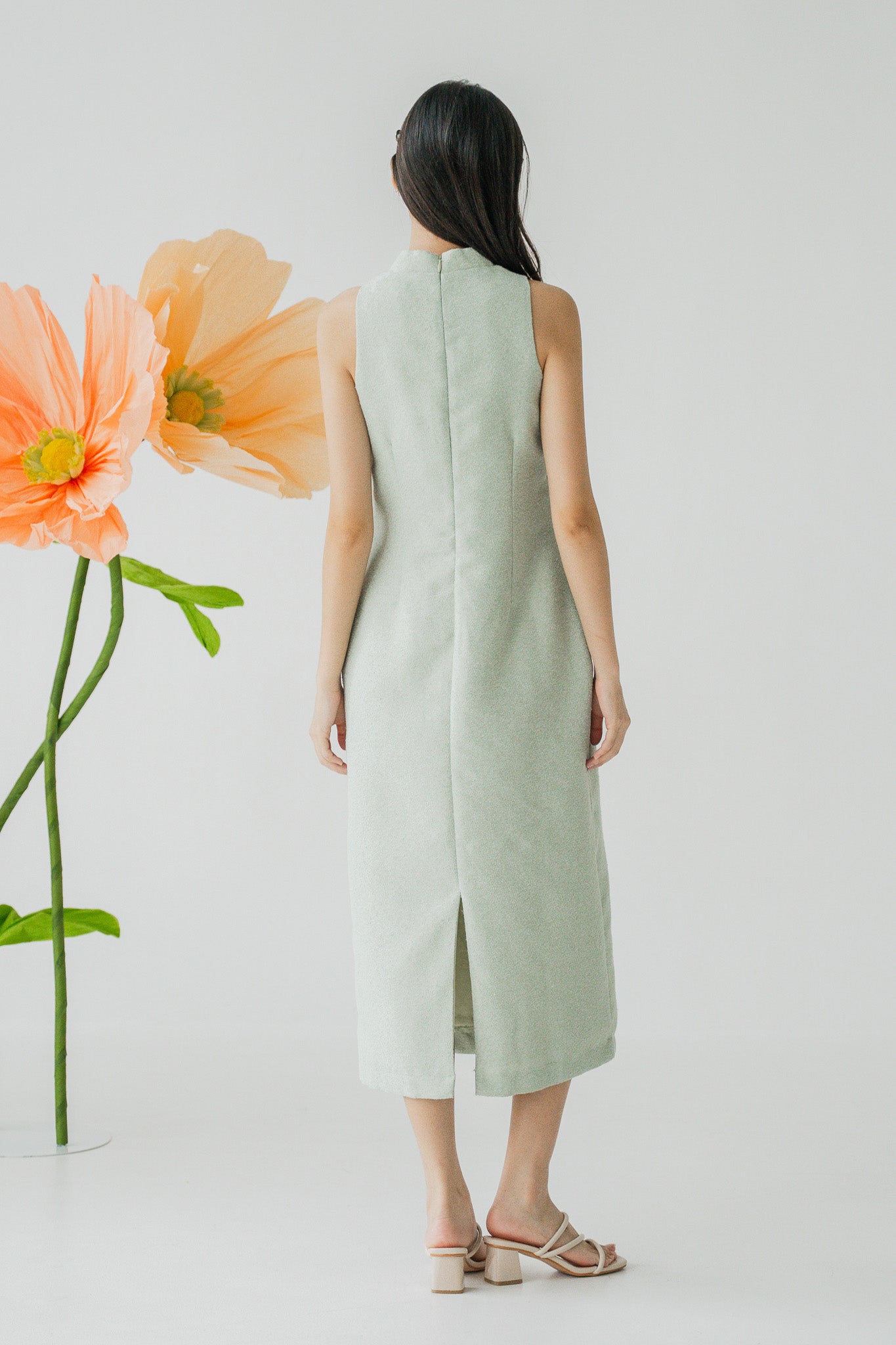 Tweed Cheongsam Column Dress in Light Green