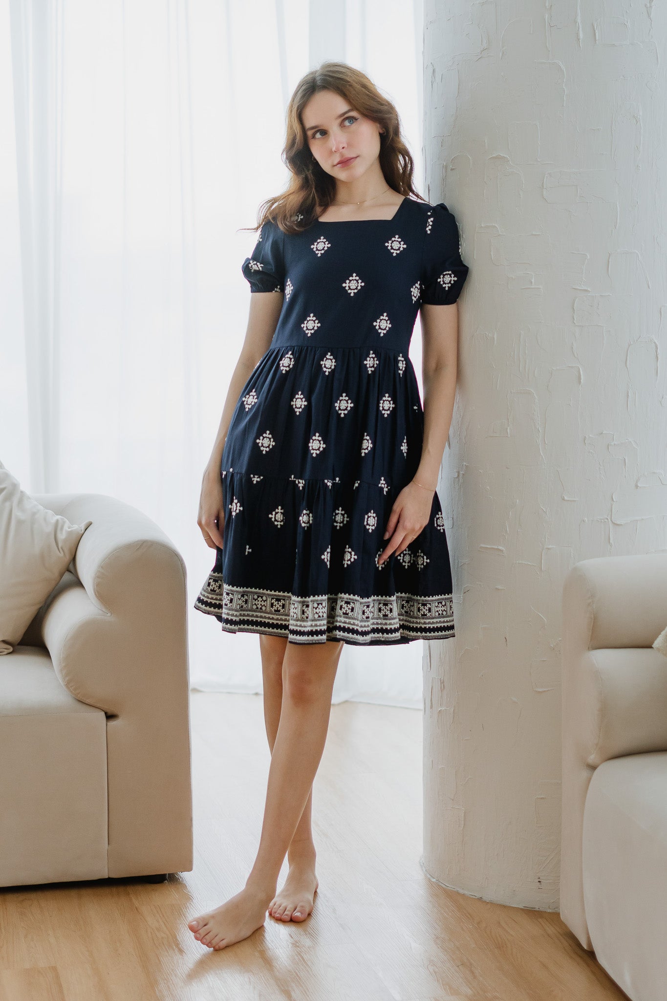 Mirador Aztec Embroidery Tiered Dress in Navy
