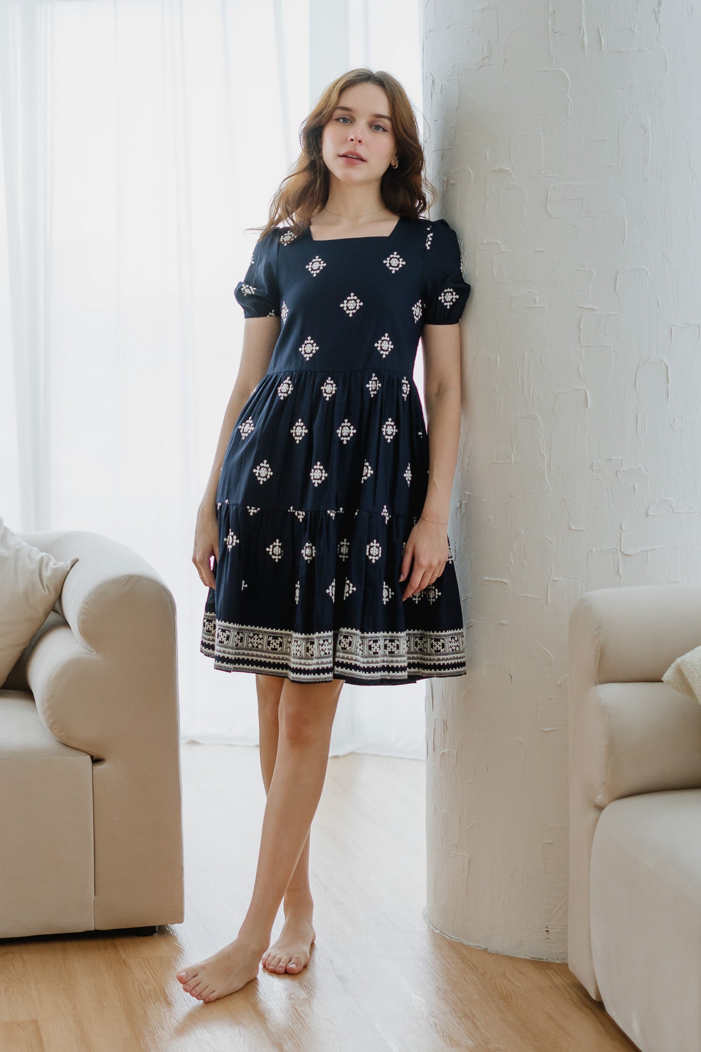 Mirador Aztec Embroidery Tiered Dress in Navy