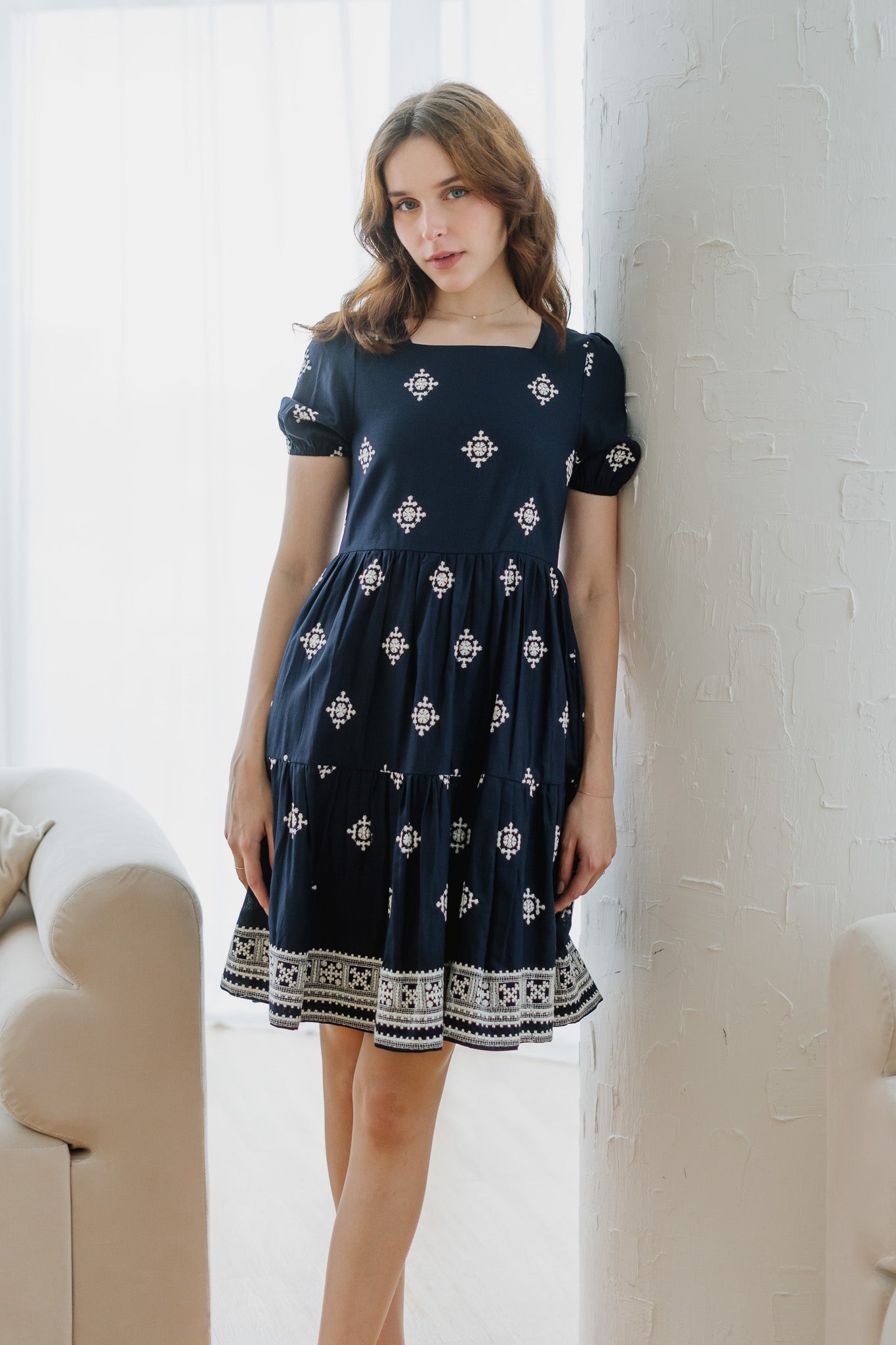 Mirador Aztec Embroidery Tiered Dress in Navy