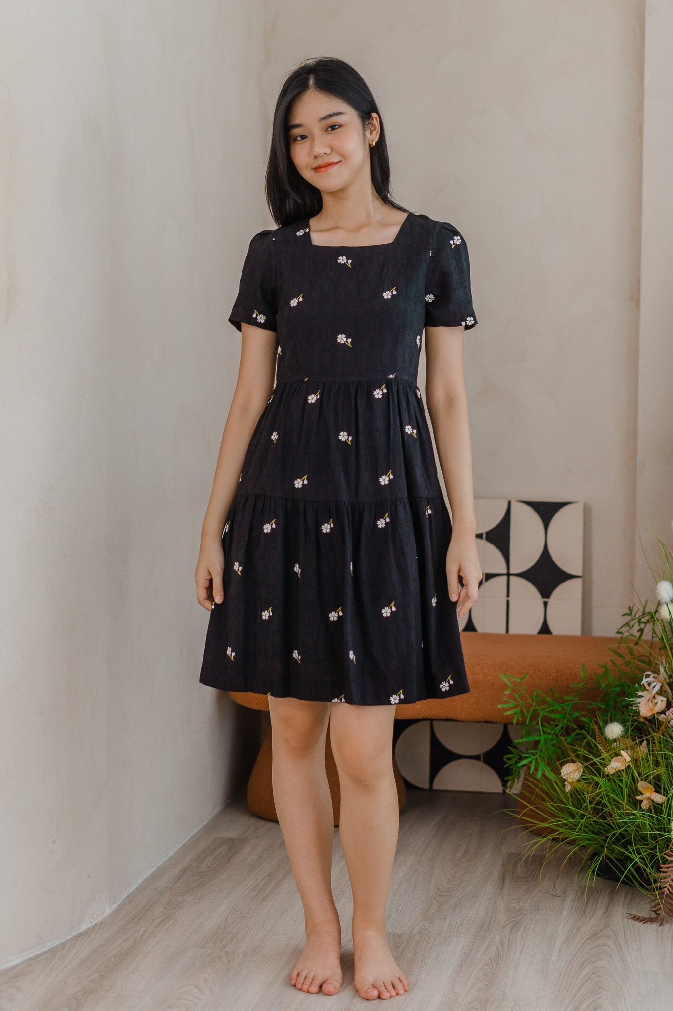 Ariana Embroidery Tiered Dress in Black