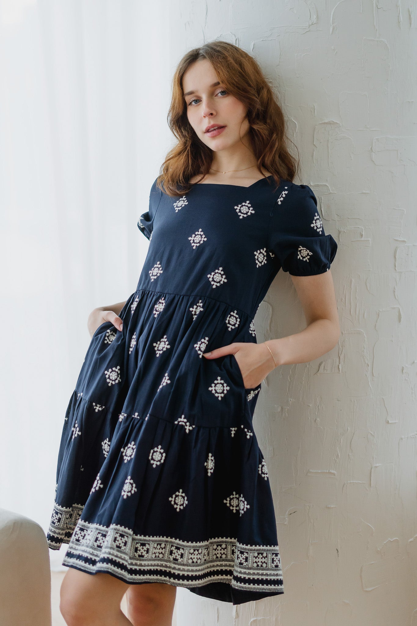 Mirador Aztec Embroidery Tiered Dress in Navy
