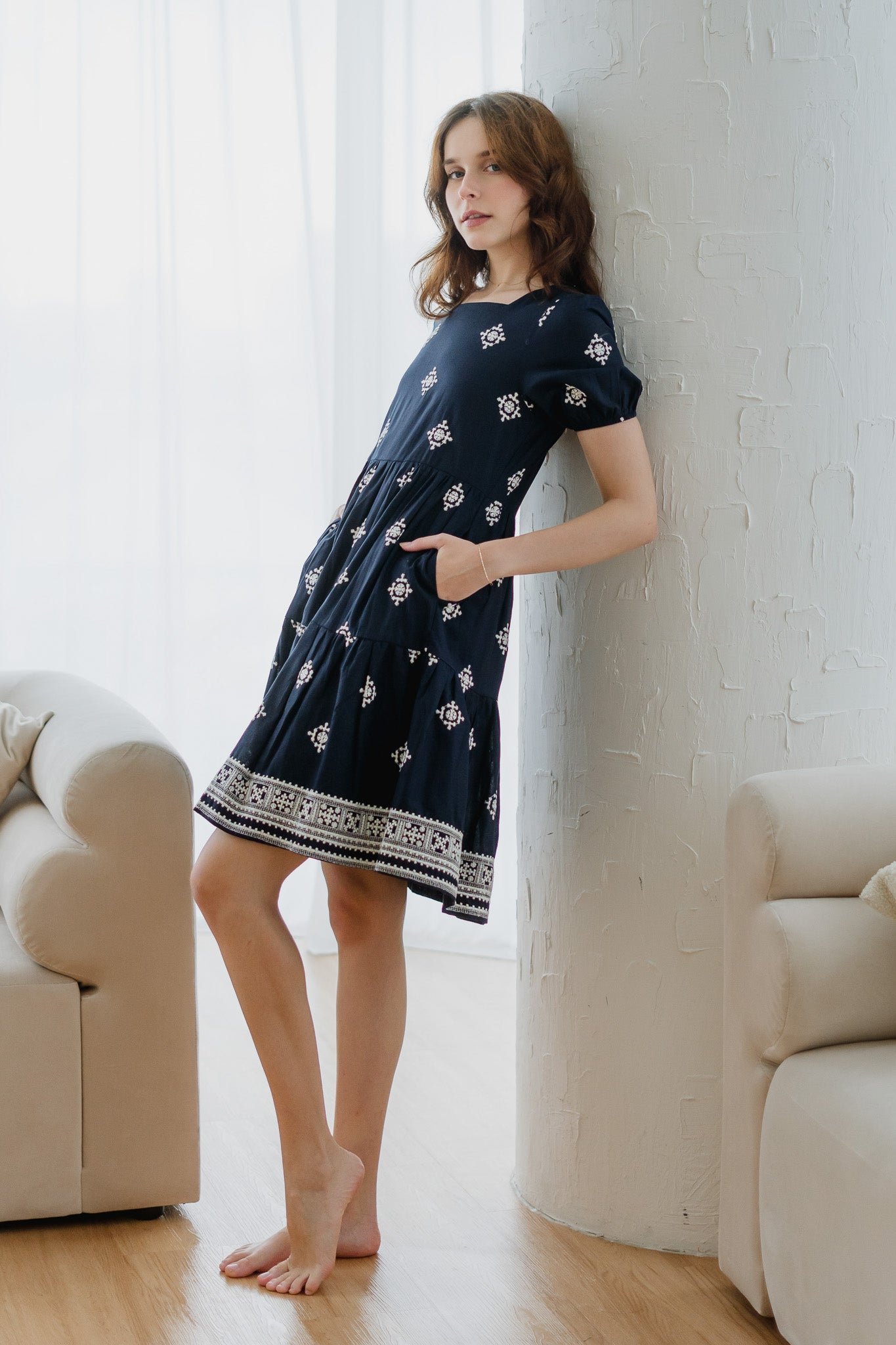 Mirador Aztec Embroidery Tiered Dress in Navy