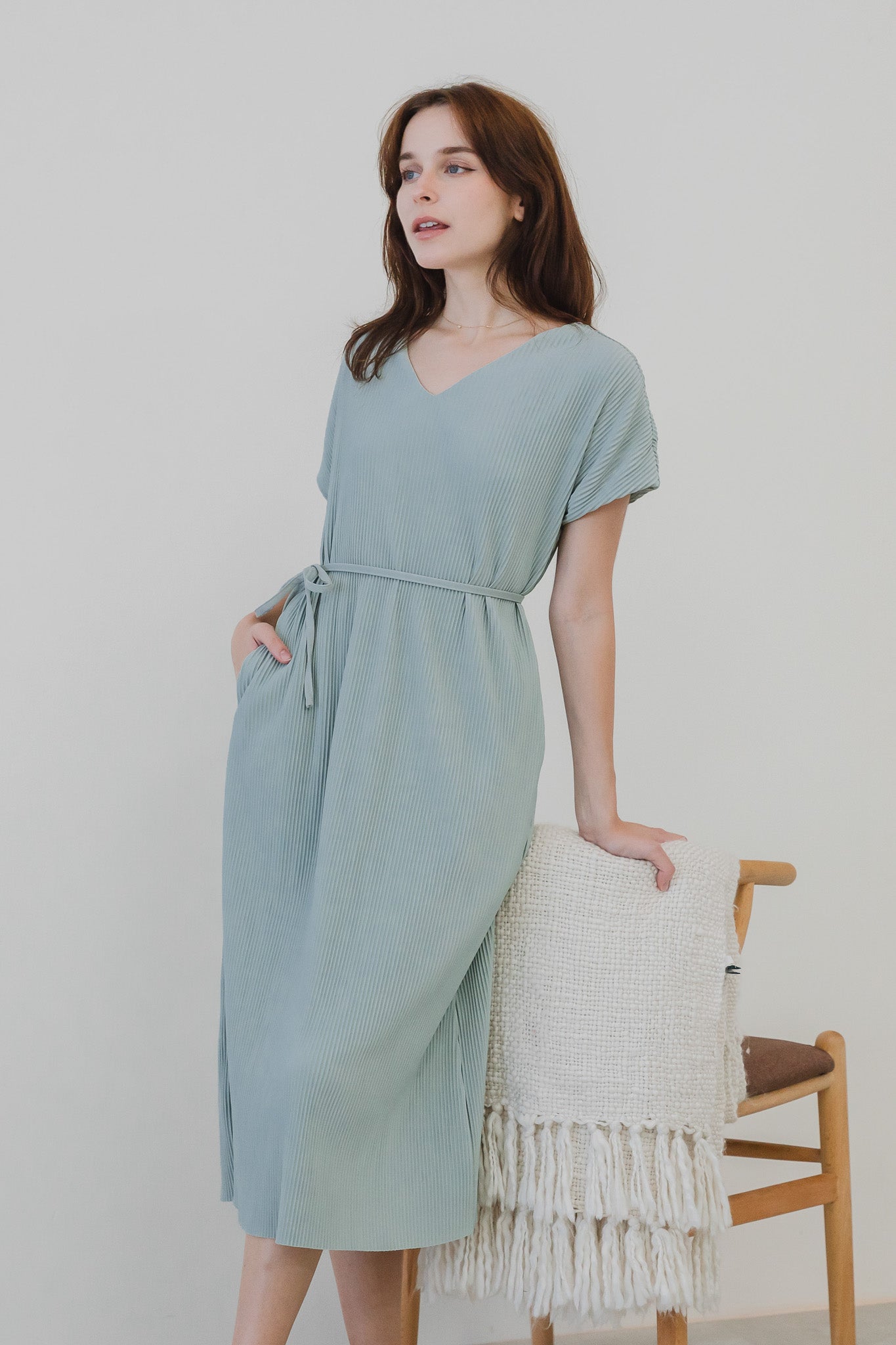 Alessandra Pleated Cap Sleeve Dress in Light Green First Stitch Alessandra Pleated Cap Sleeve Dress in Light Green First Stitch