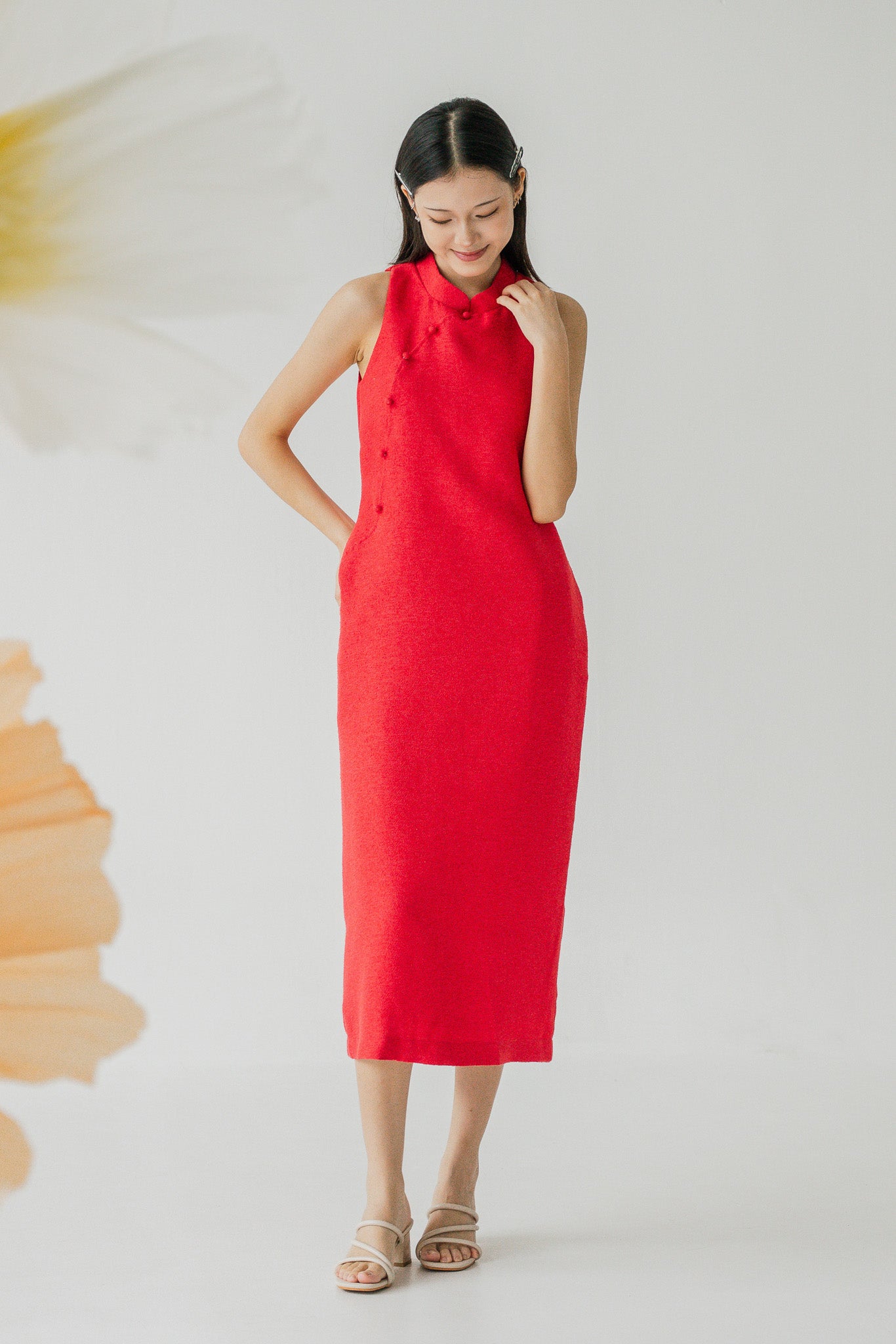 Tweed Cheongsam Column Dress in Red