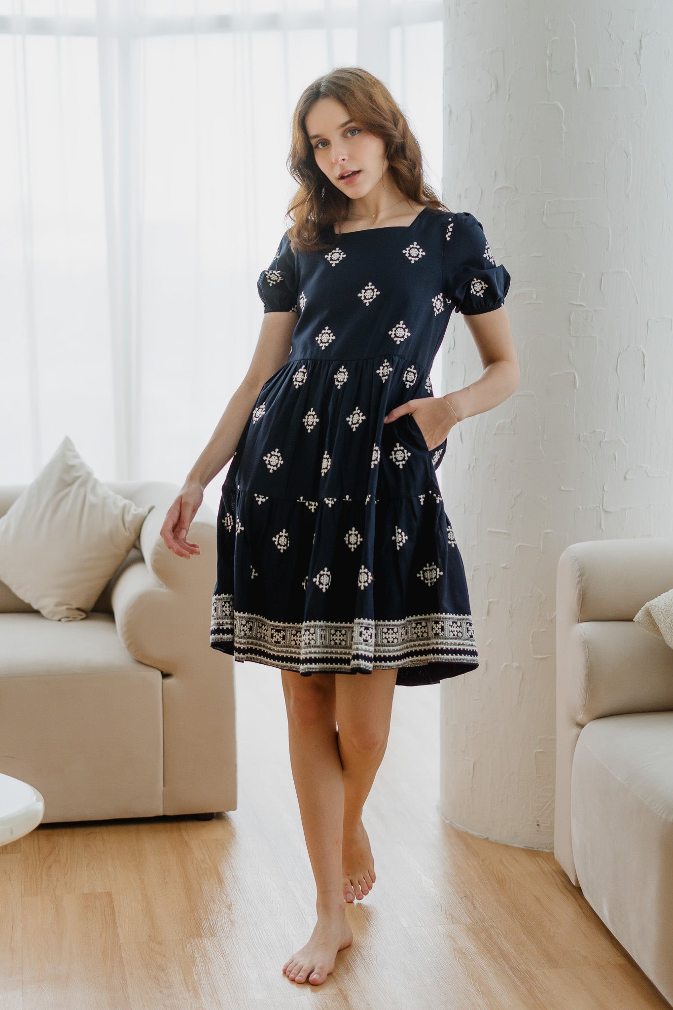 Mirador Aztec Embroidery Tiered Dress in Navy