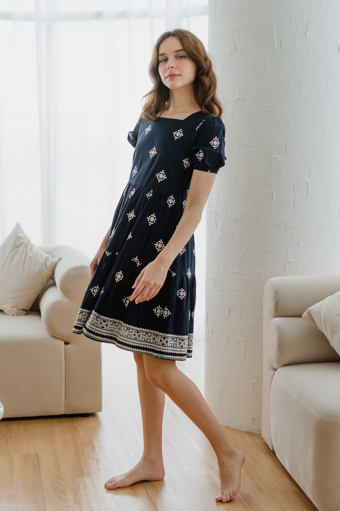 Mirador Aztec Embroidery Tiered Dress in Navy