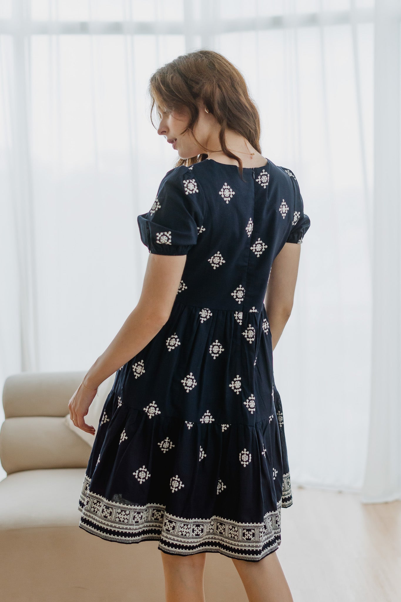 Mirador Aztec Embroidery Tiered Dress in Navy