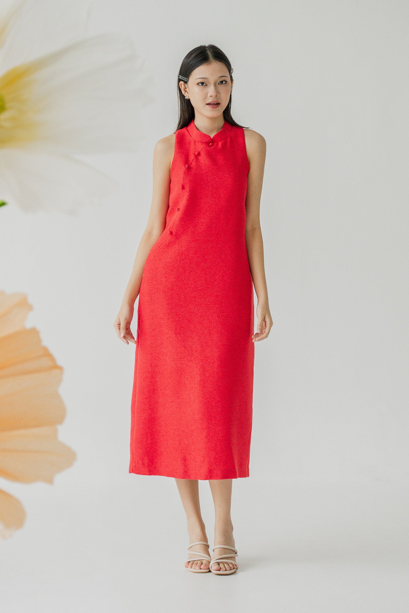 Tweed Cheongsam Column Dress in Red