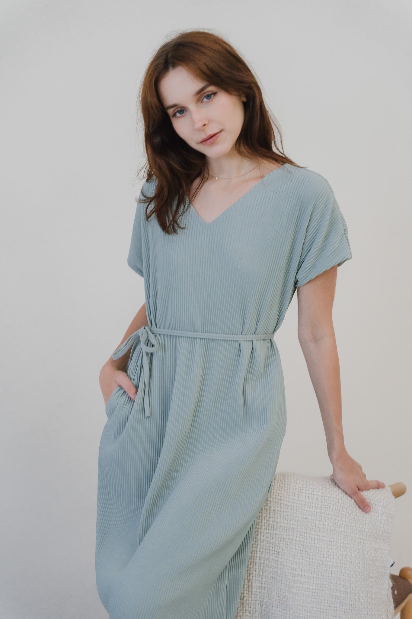 Alessandra Pleated Cap Sleeve Dress in Light Green