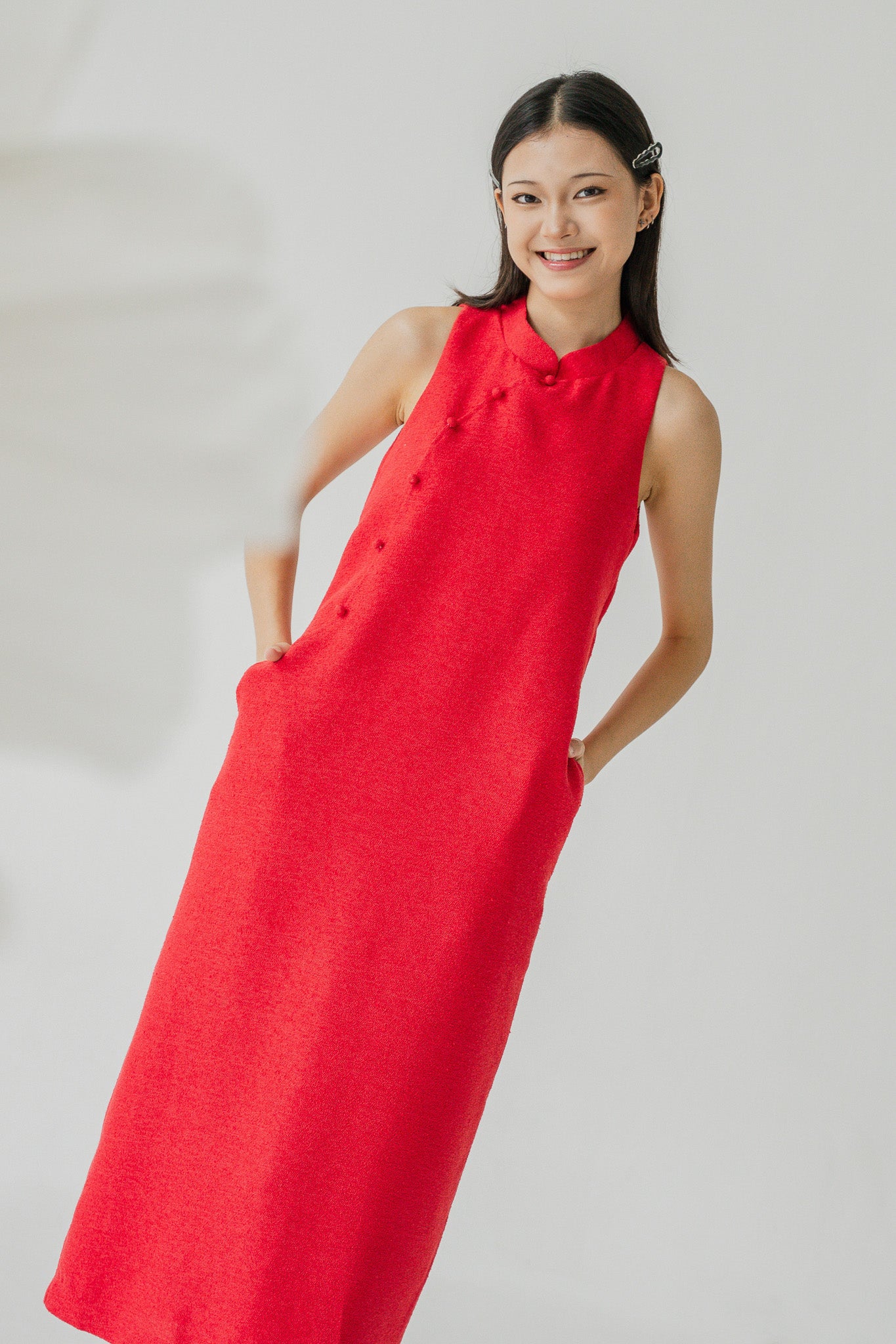 Tweed Cheongsam Column Dress in Red