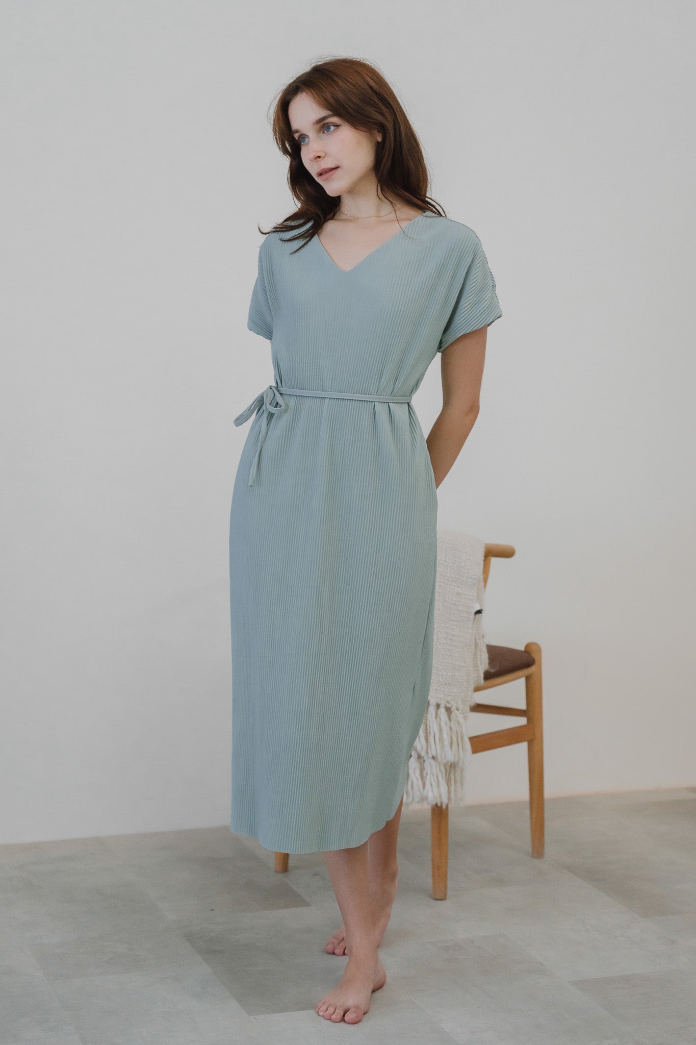 Alessandra Pleated Cap Sleeve Dress in Light Green