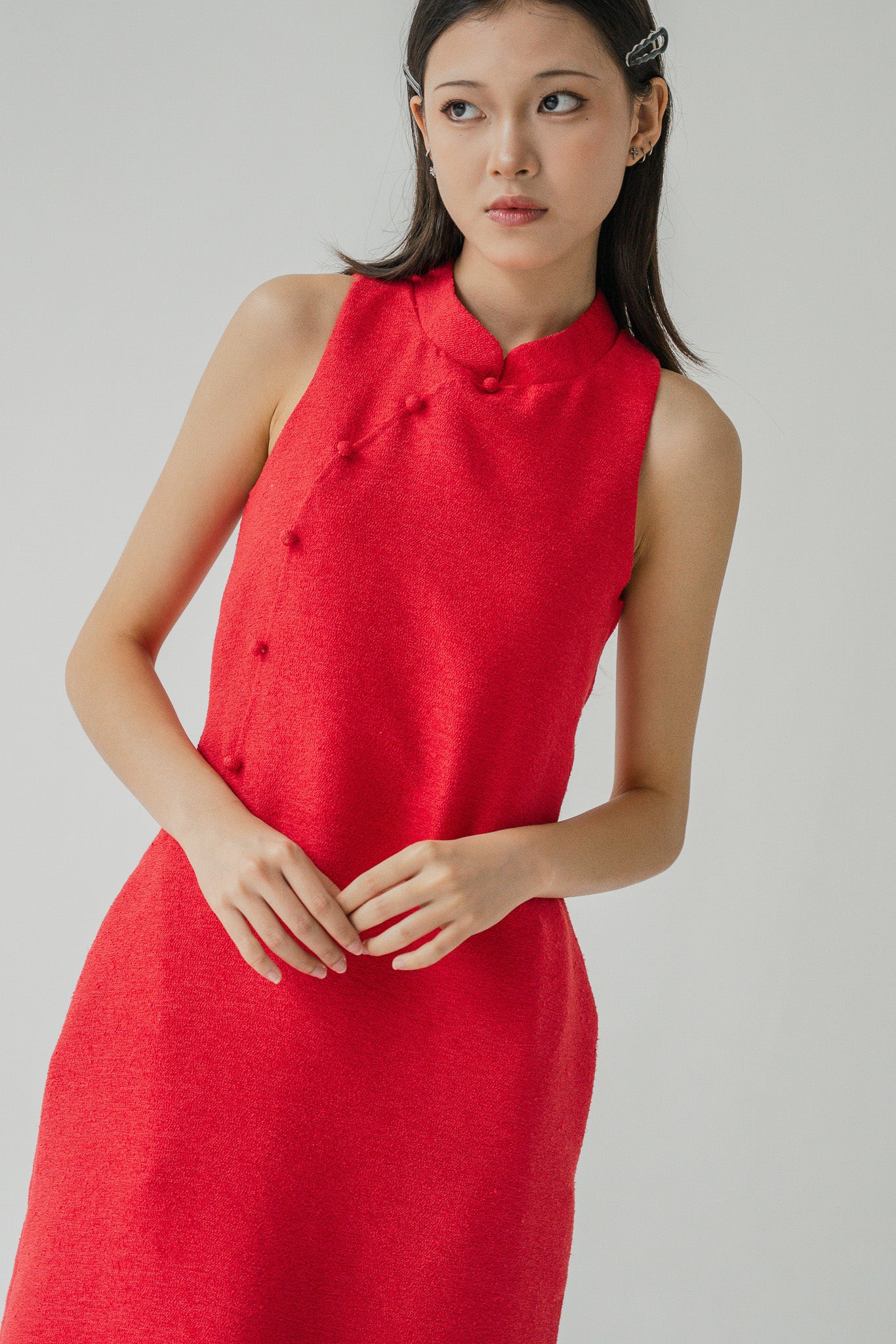 Tweed Cheongsam Column Dress in Red