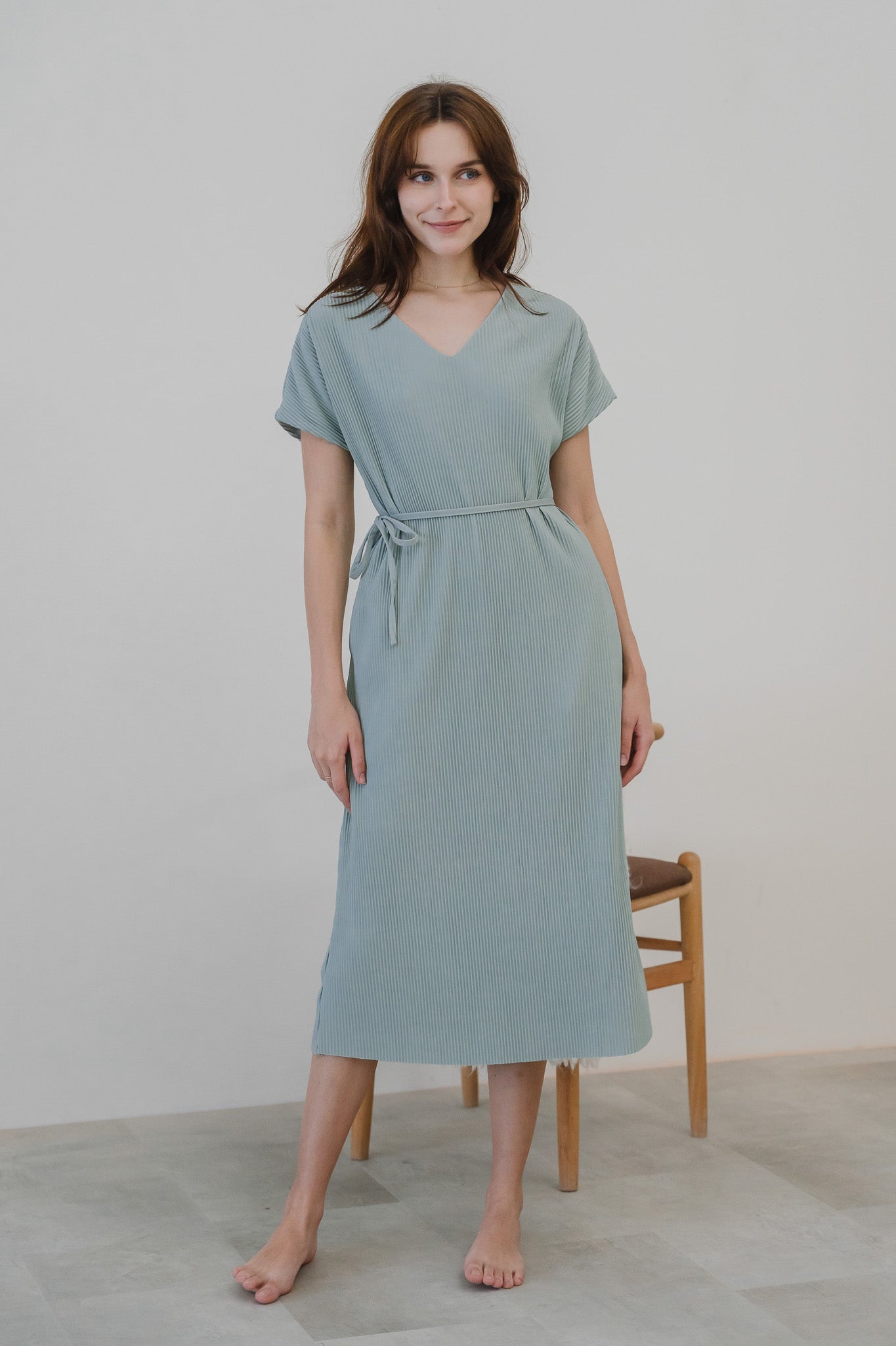 Alessandra Pleated Cap Sleeve Dress in Light Green