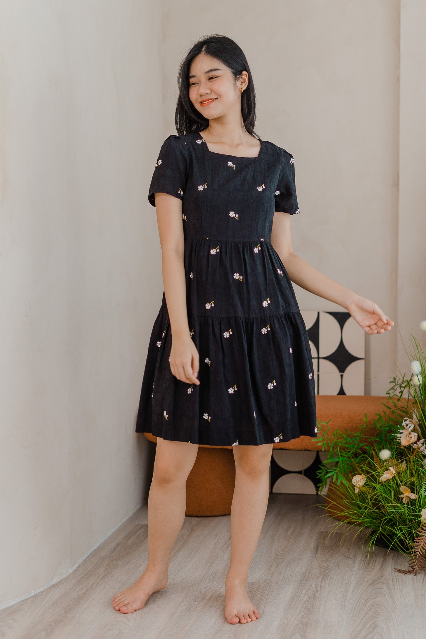 Ariana Embroidery Tiered Dress in Black