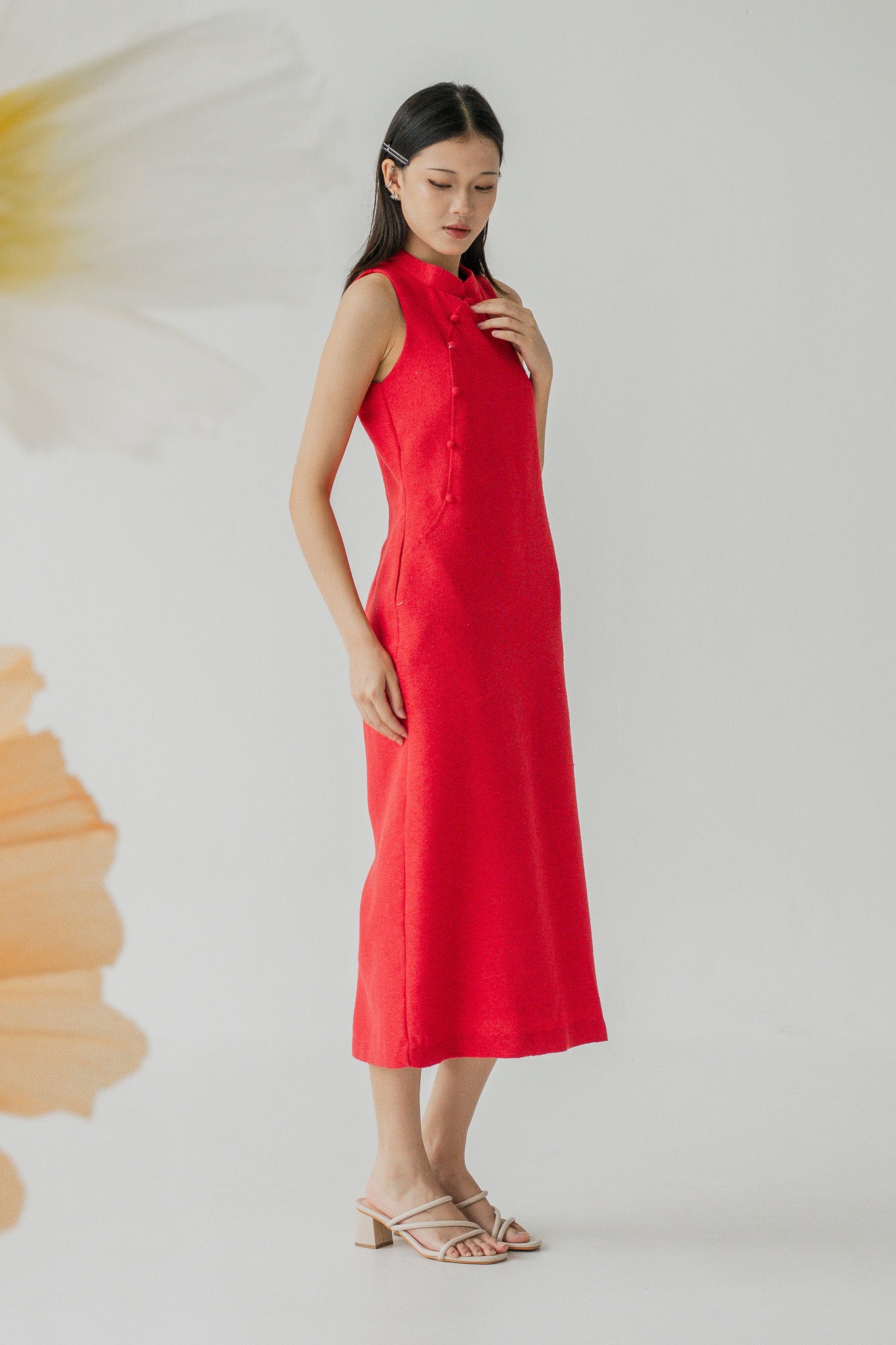 Tweed Cheongsam Column Dress in Red