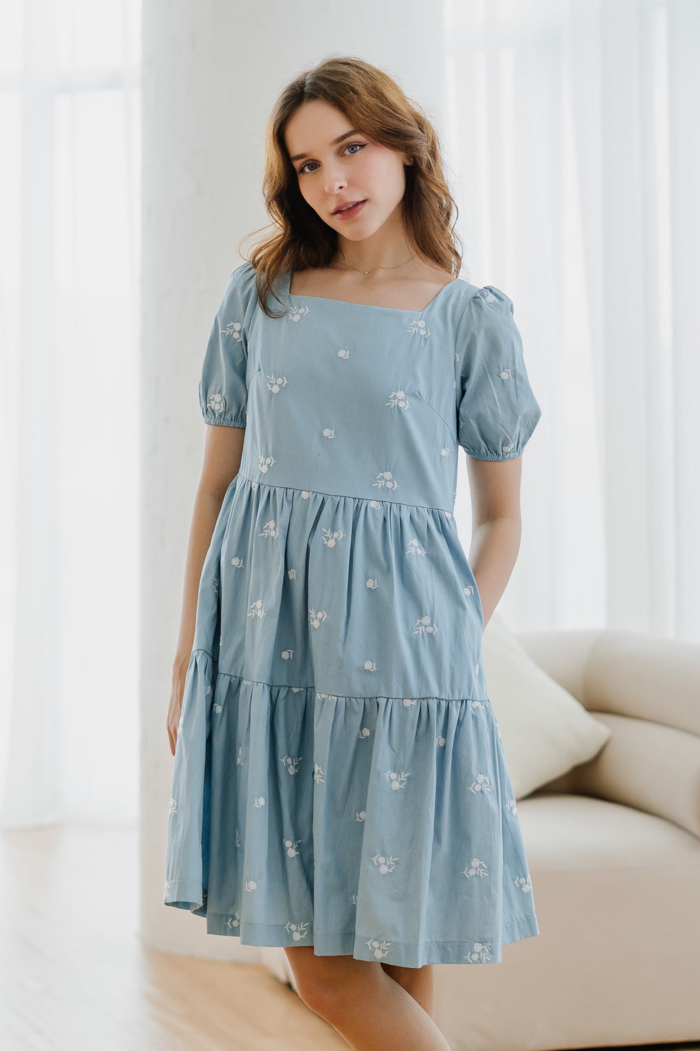 Kiara Embroidery Tiered Denim Dress in Light Blue