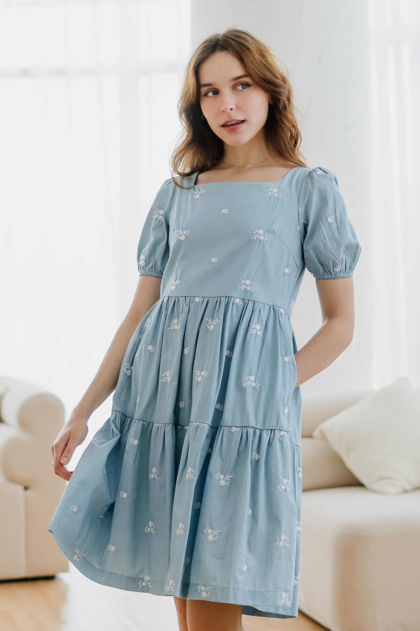 Kiara Embroidery Tiered Denim Dress in Light Blue
