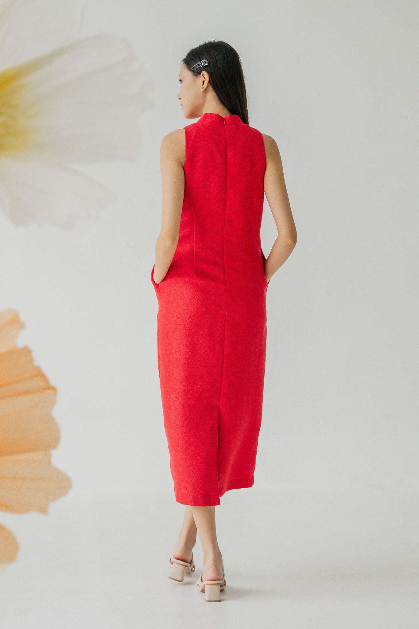 Tweed Cheongsam Column Dress in Red