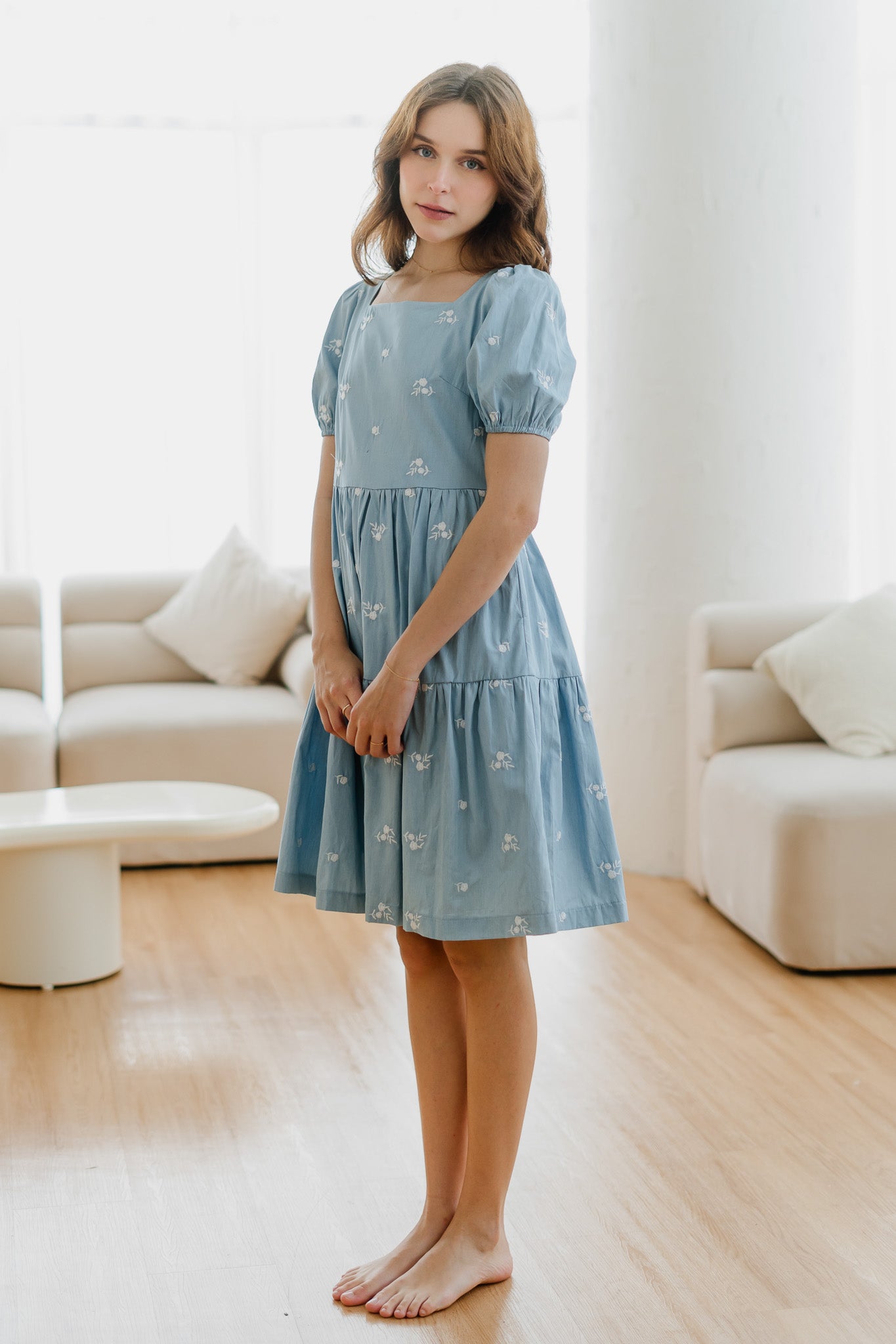 Kiara Embroidery Tiered Denim Dress in Light Blue