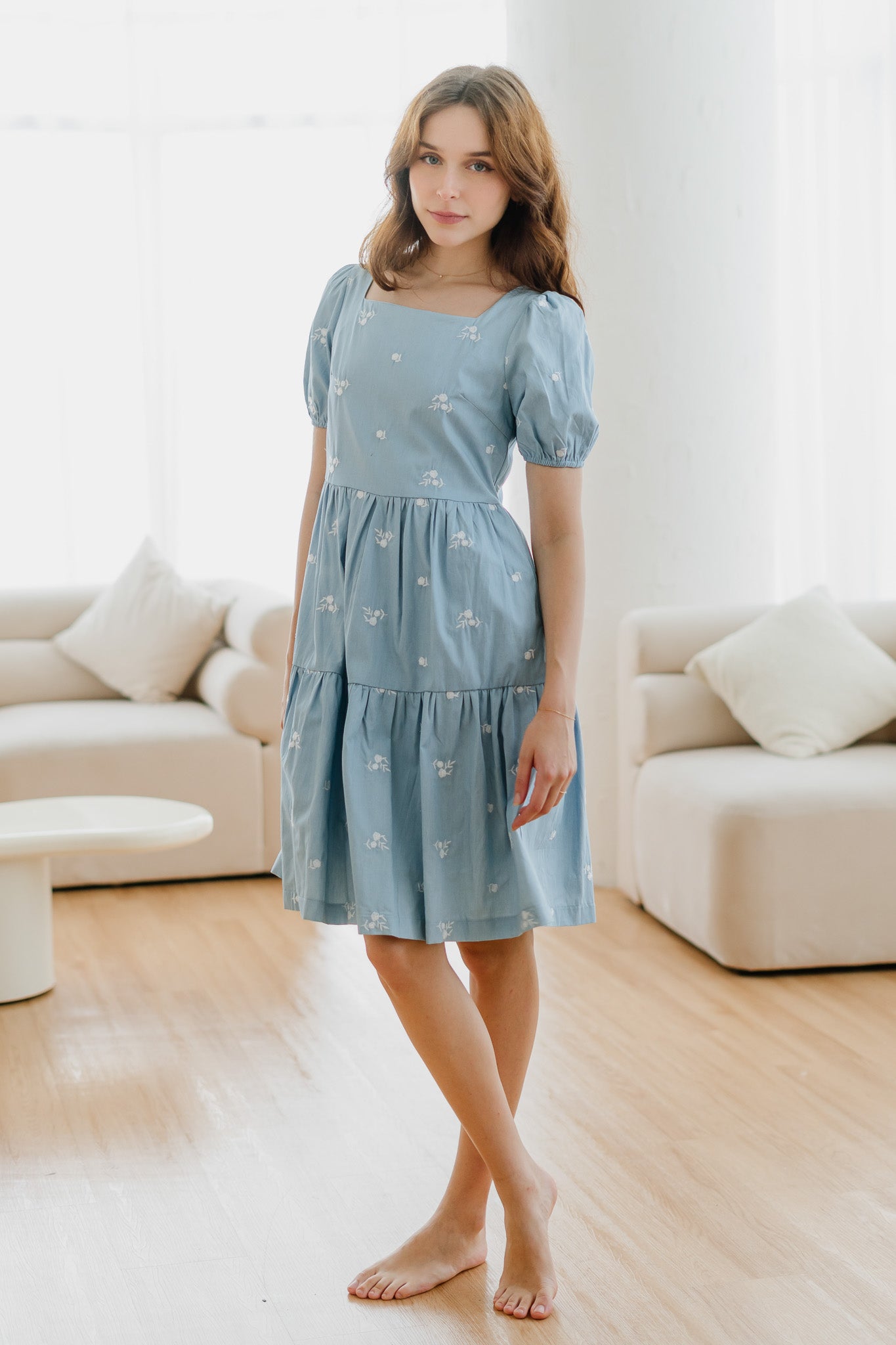 Kiara Embroidery Tiered Denim Dress in Light Blue