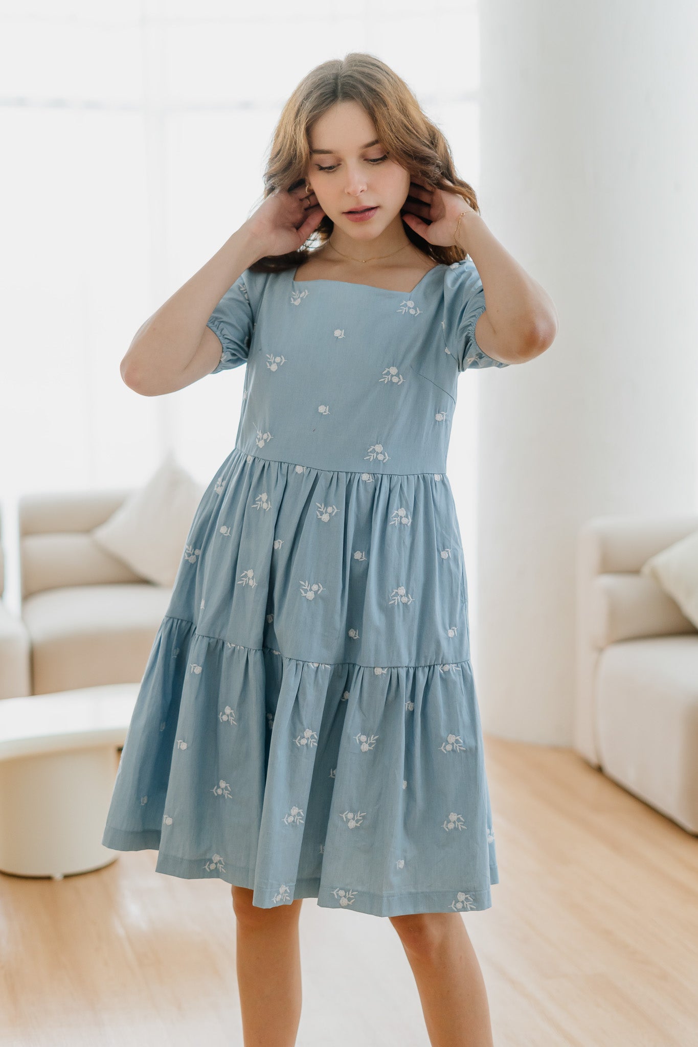 Kiara Embroidery Tiered Denim Dress in Light Blue