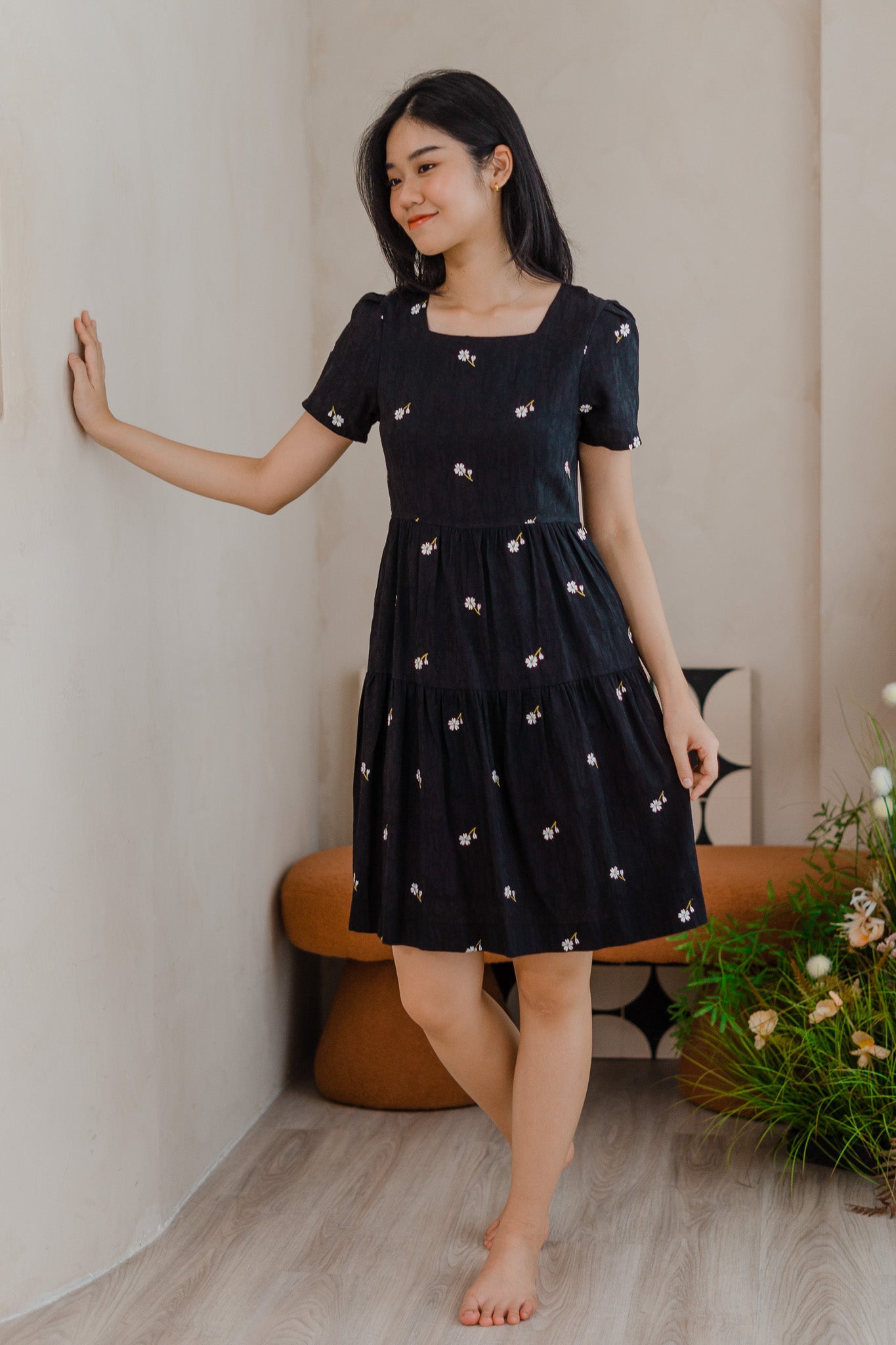 Ariana Embroidery Tiered Dress in Black