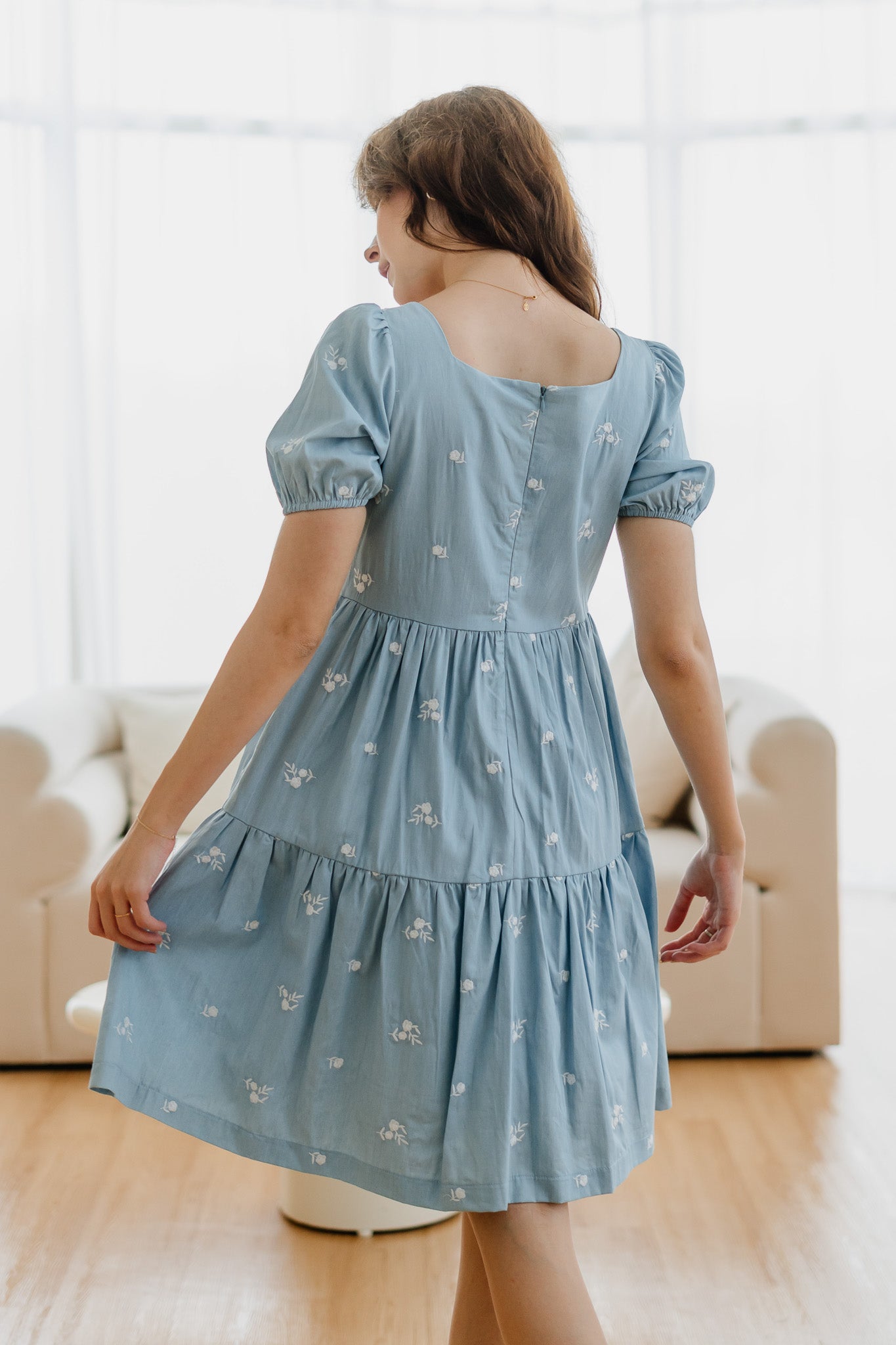 Kiara Embroidery Tiered Denim Dress in Light Blue